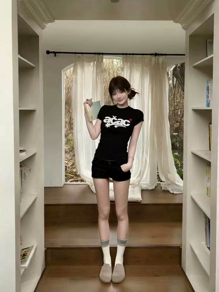 아메리칸 긍정적 인 어깨 별 자수 알파벳 반팔 티셔츠 여성 여름 몸매 가꾸기 슬림해 보이는 디자인 센스 핫걸 바람 순면 맨위 상세 이미지 6