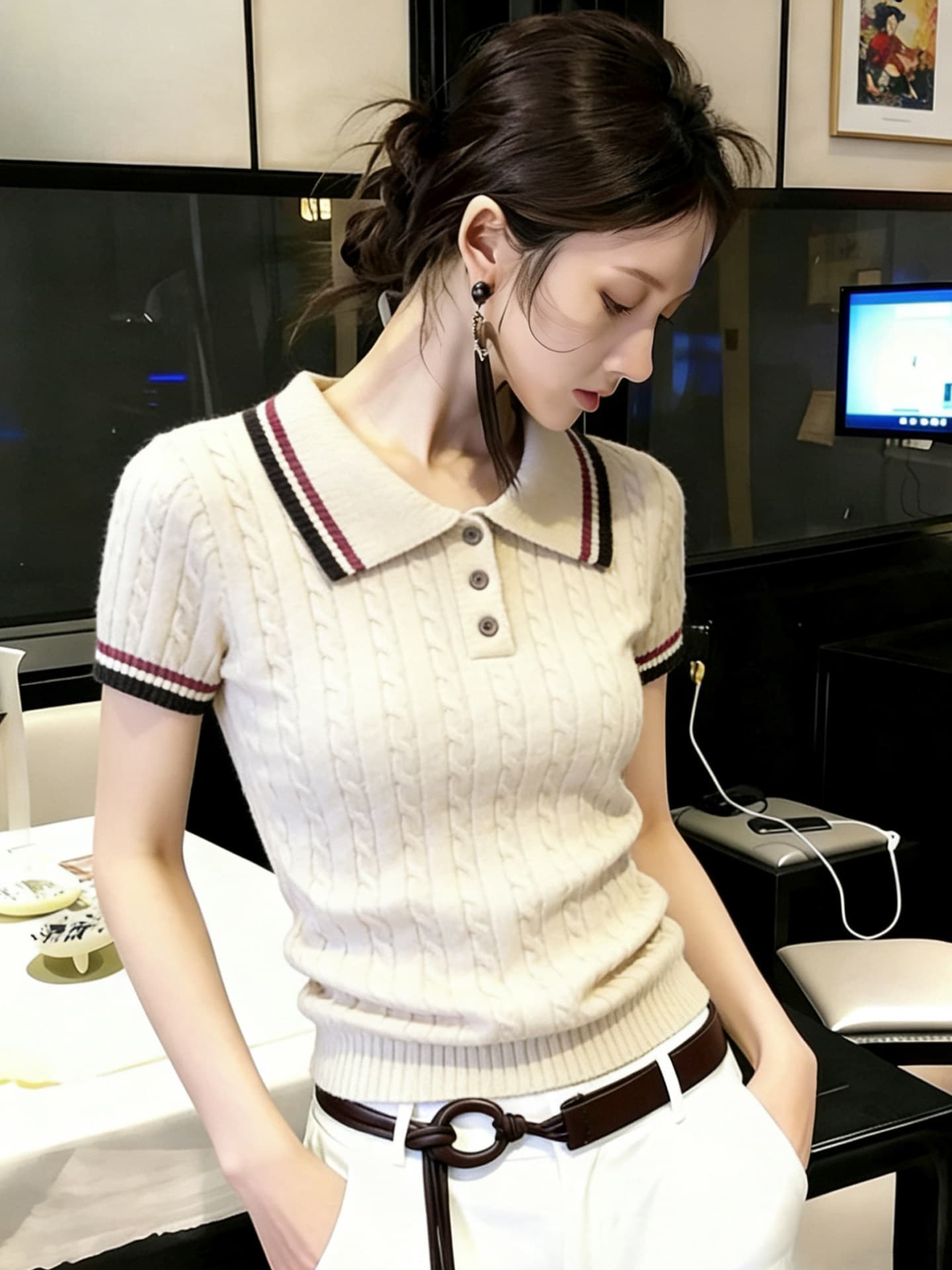 오래된 돈 바람 배색 POLO 칼라 얼음 실크 니트 반팔 티셔츠 여성 여름 몸매 가꾸기 프랑스식 고급 작은 셔츠 맨위 이미지 2
