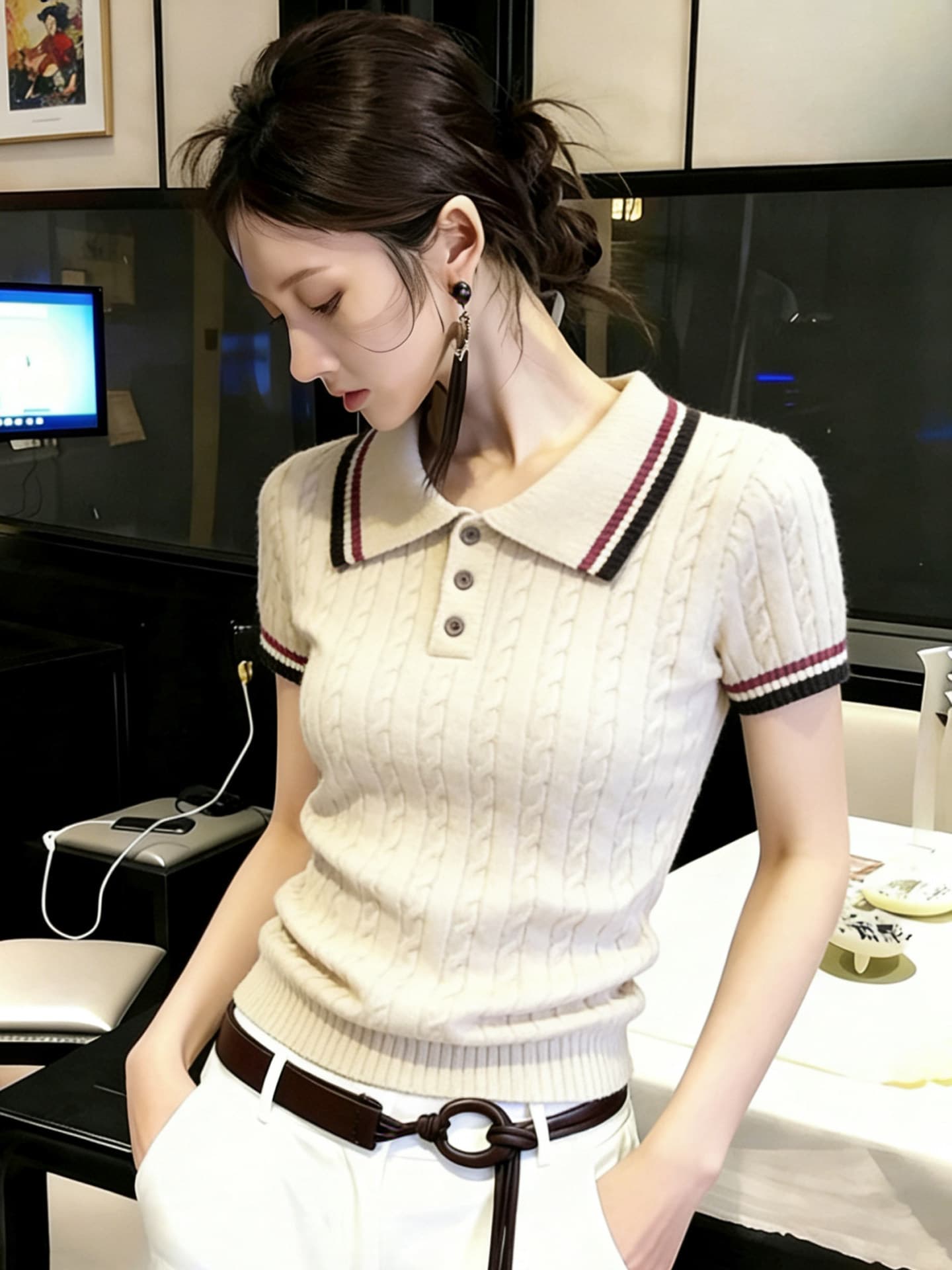 오래된 돈 바람 배색 POLO 칼라 얼음 실크 니트 반팔 티셔츠 여성 여름 몸매 가꾸기 프랑스식 고급 작은 셔츠 맨위