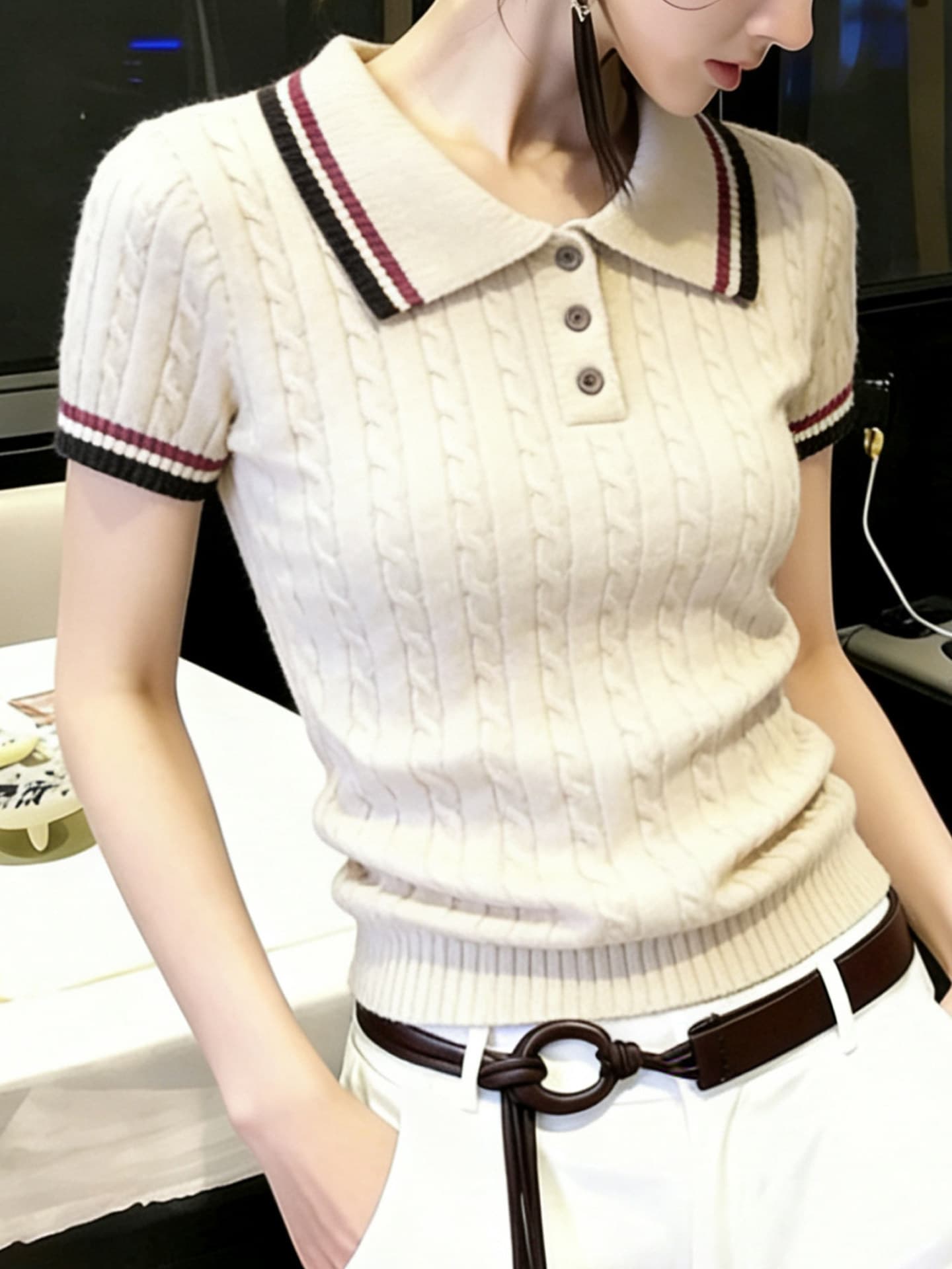 오래된 돈 바람 배색 POLO 칼라 얼음 실크 니트 반팔 티셔츠 여성 여름 몸매 가꾸기 프랑스식 고급 작은 셔츠 맨위 이미지 4