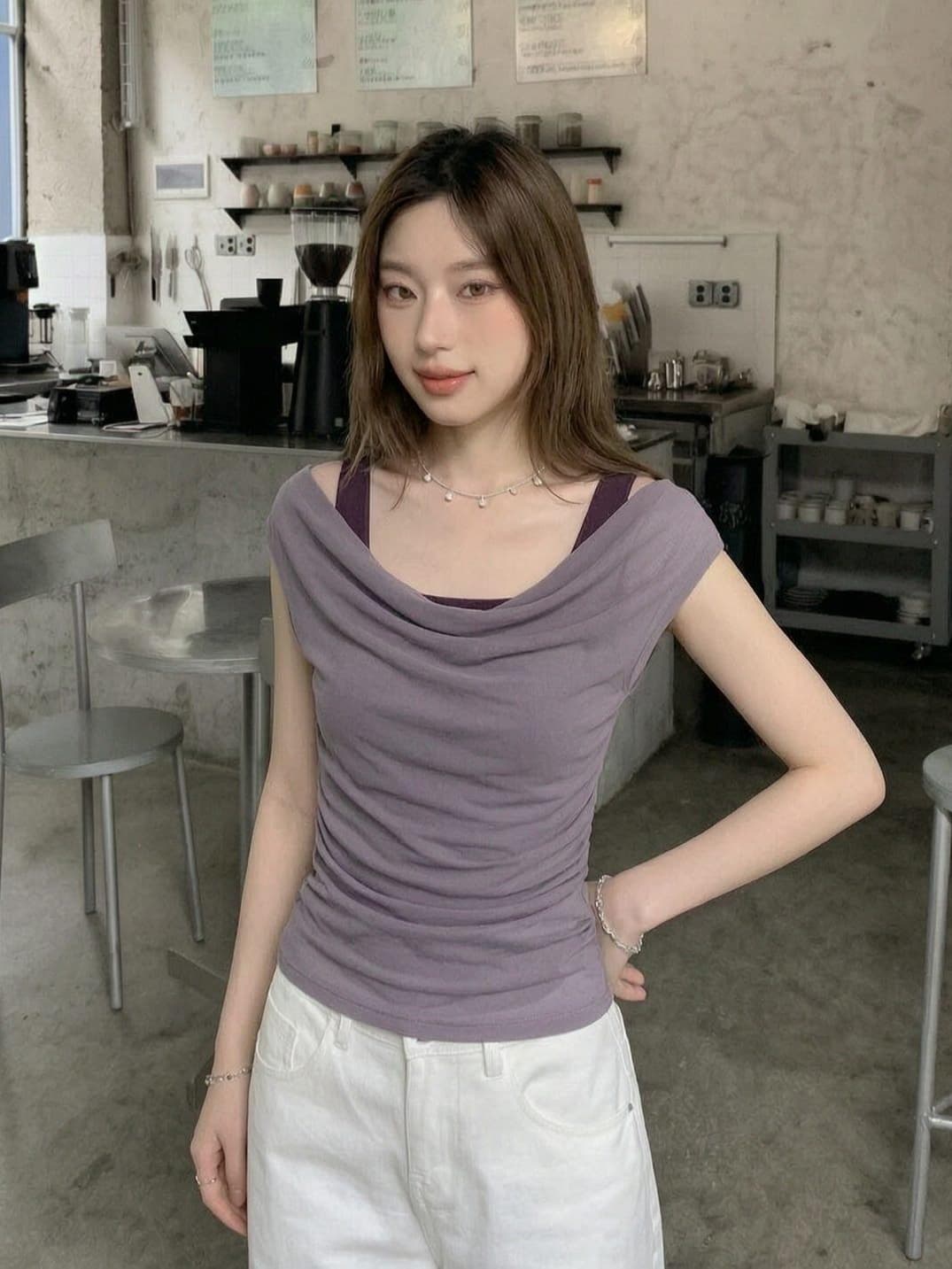 여름 새로운 순수한 욕망 바람 흔들다 칼라 페이크 레이어드 단색 마이크로 ~을 통해 티셔츠 디자인 센스 캐주얼 품격 슬림해 보이는 맨위 여성 상세 이미지 5
