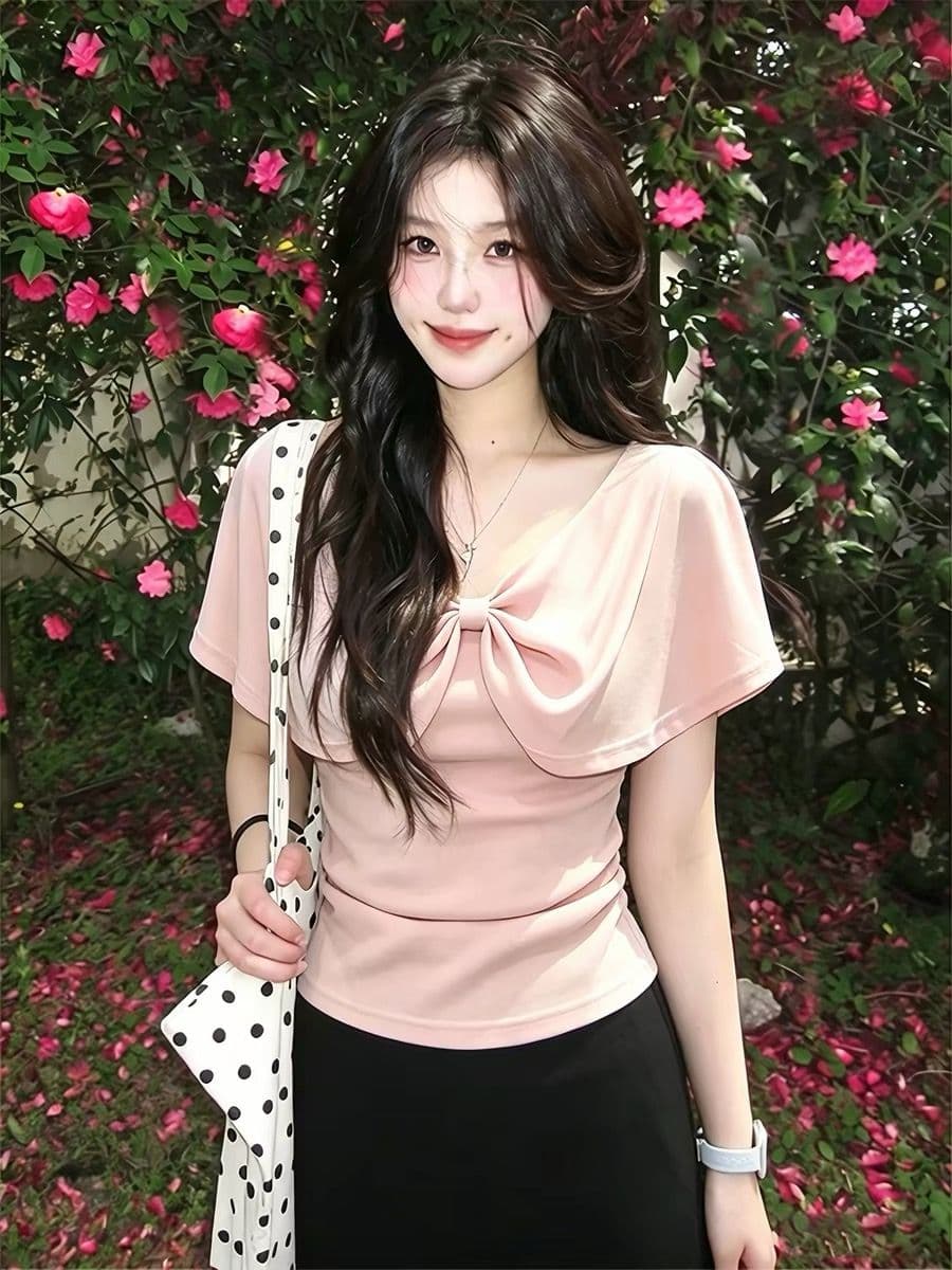 프랑스식 순수한 욕망 바람 고급 센스 V넥 비틀림 나비 매듭 니트 스웨터 티셔츠 여름 새로운 아름다운 슈퍼 잘 생긴 맨위 상세 이미지 2