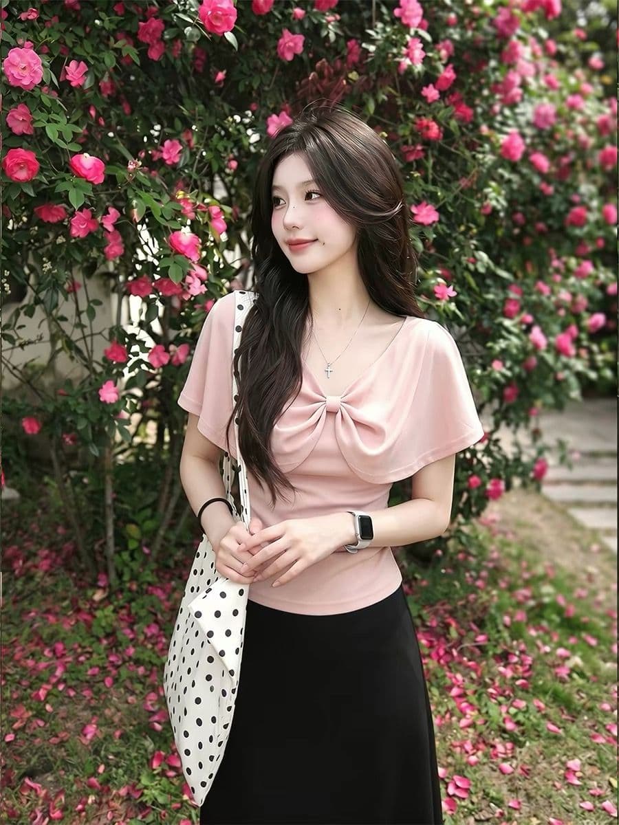 프랑스식 순수한 욕망 바람 고급 센스 V넥 비틀림 나비 매듭 니트 스웨터 티셔츠 여름 새로운 아름다운 슈퍼 잘 생긴 맨위 상세 이미지 3