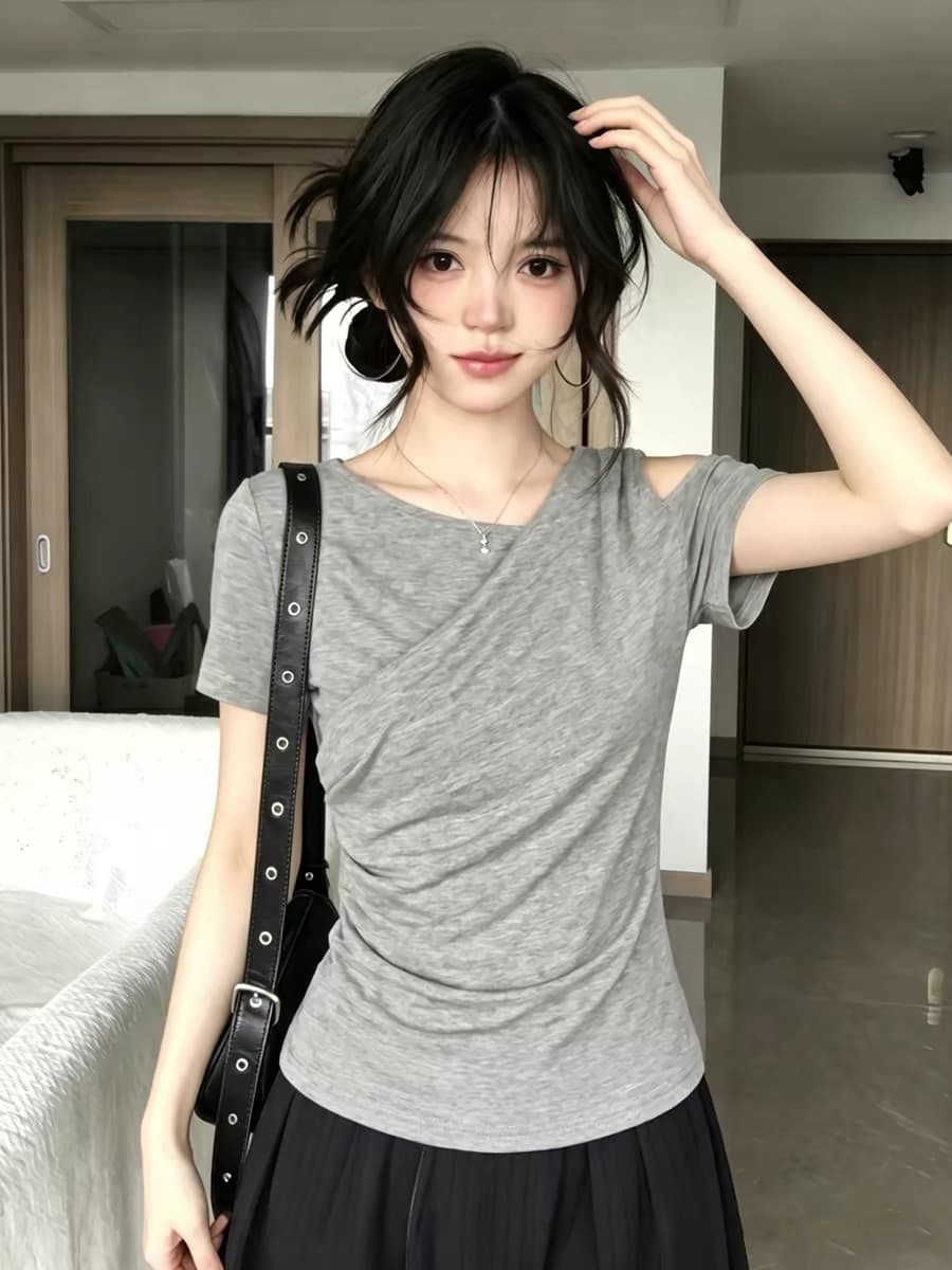 한 부서 회색 비스듬한 어깨 허리 수축 반팔 티셔츠 여성 2026 여름 오프숄더 몸매 가꾸기 슬림해 보이는 핫걸 바람 다용도 맨위 이미지 3