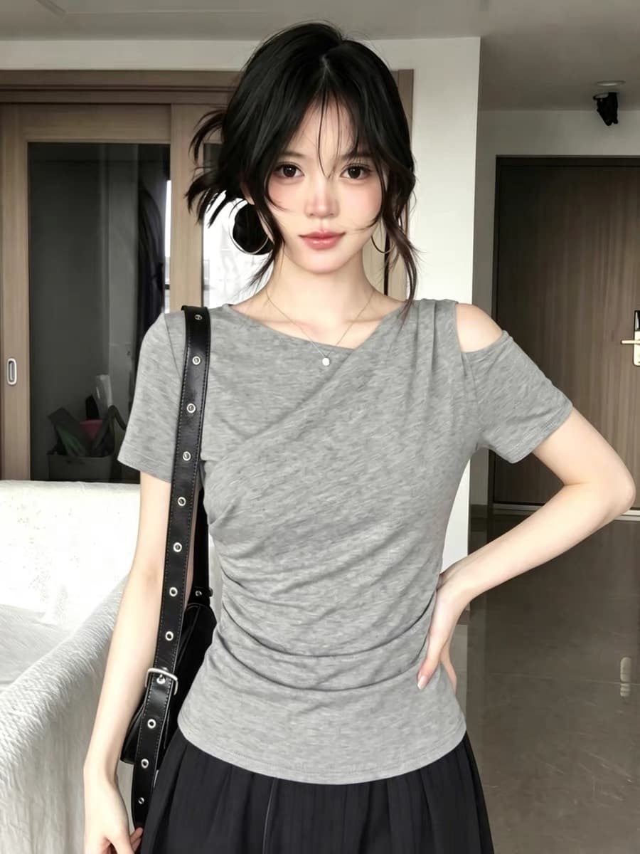 한 부서 회색 비스듬한 어깨 허리 수축 반팔 티셔츠 여성 2026 여름 오프숄더 몸매 가꾸기 슬림해 보이는 핫걸 바람 다용도 맨위