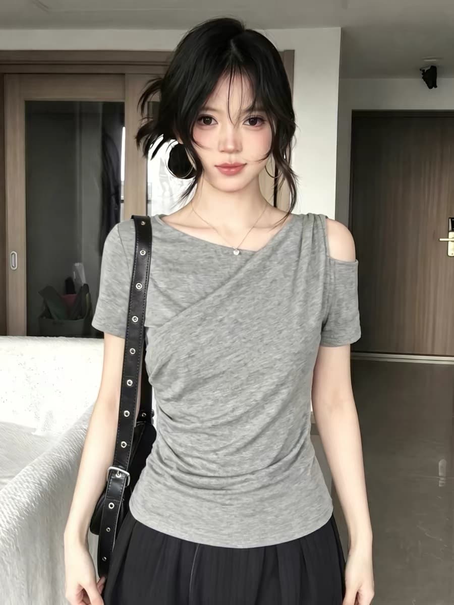 한 부서 회색 비스듬한 어깨 허리 수축 반팔 티셔츠 여성 2026 여름 오프숄더 몸매 가꾸기 슬림해 보이는 핫걸 바람 다용도 맨위 상세 이미지 1