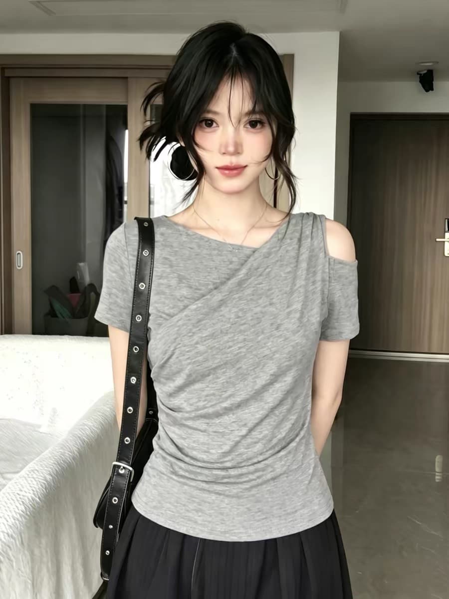 한 부서 회색 비스듬한 어깨 허리 수축 반팔 티셔츠 여성 2026 여름 오프숄더 몸매 가꾸기 슬림해 보이는 핫걸 바람 다용도 맨위 상세 이미지 4