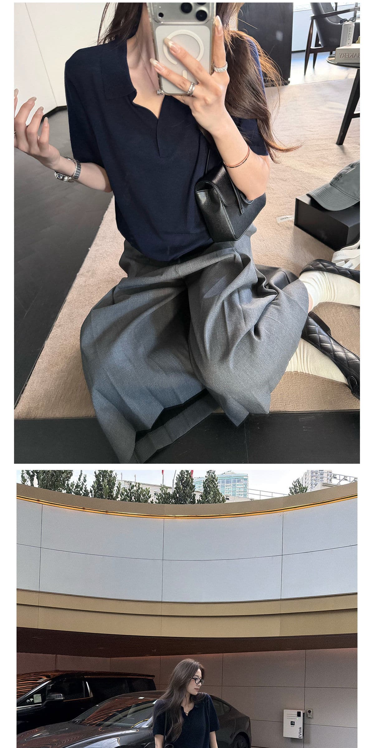 레트로 한 부서 오래된 돈 바람 POLO 칼라 니트 스웨터 여성 봄 여름 루즈핏 반팔 폴로 칼라 얼음 실크 긍정적 인 어깨 티셔츠 맨위 상세 이미지 15