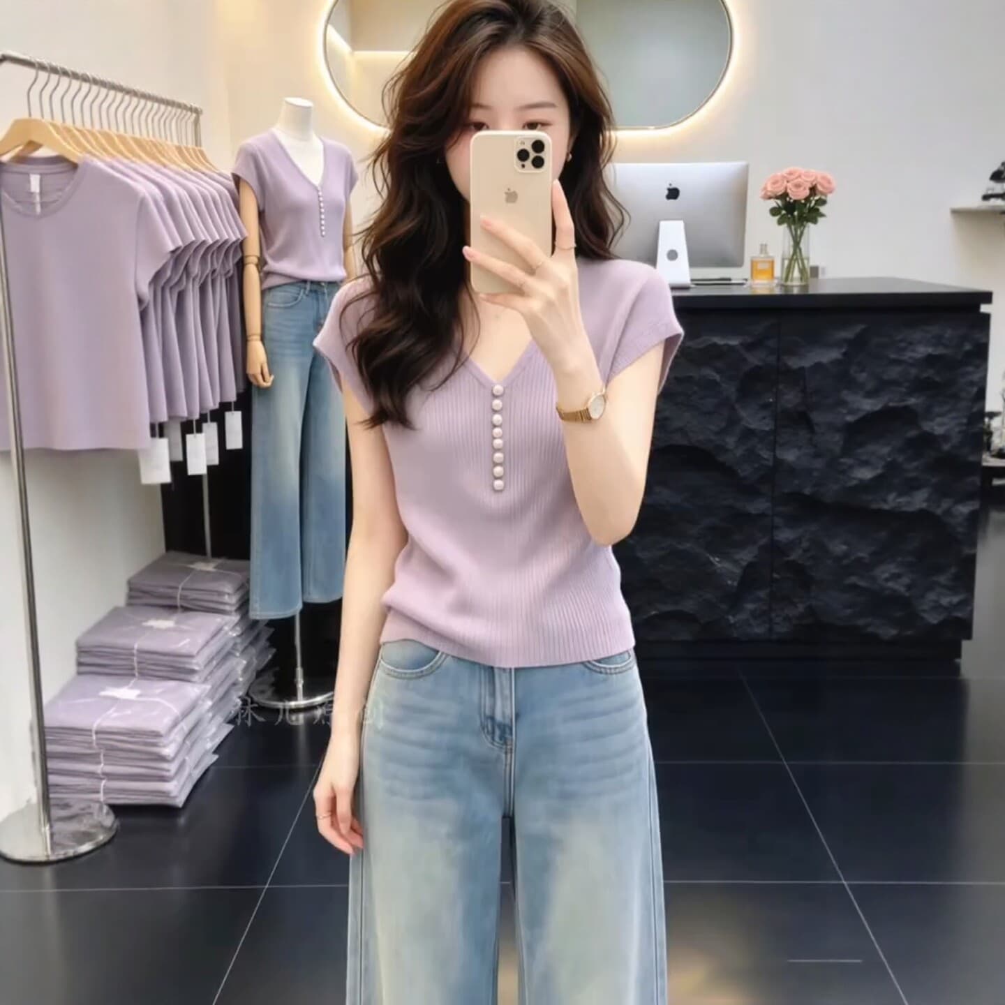 보라색 V넥 긍정적 인 어깨 작은 날다 소매 티셔츠 여성 여름 빅 사이즈 지방 mm 몸매 가꾸기 슬림해 보이는 품격 반팔 니트 스웨터 맨위 상세 이미지 1