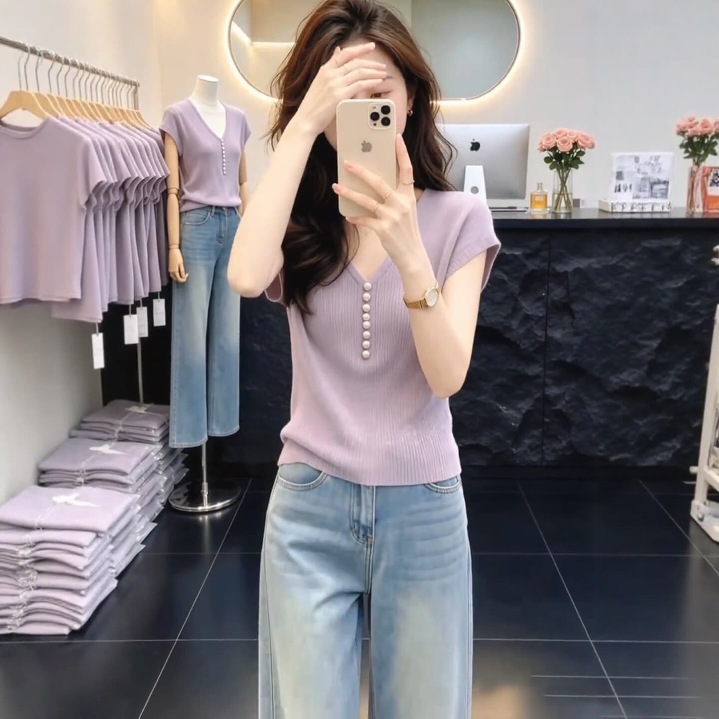 보라색 V넥 긍정적 인 어깨 작은 날다 소매 티셔츠 여성 여름 빅 사이즈 지방 mm 몸매 가꾸기 슬림해 보이는 품격 반팔 니트 스웨터 맨위 상세 이미지 2
