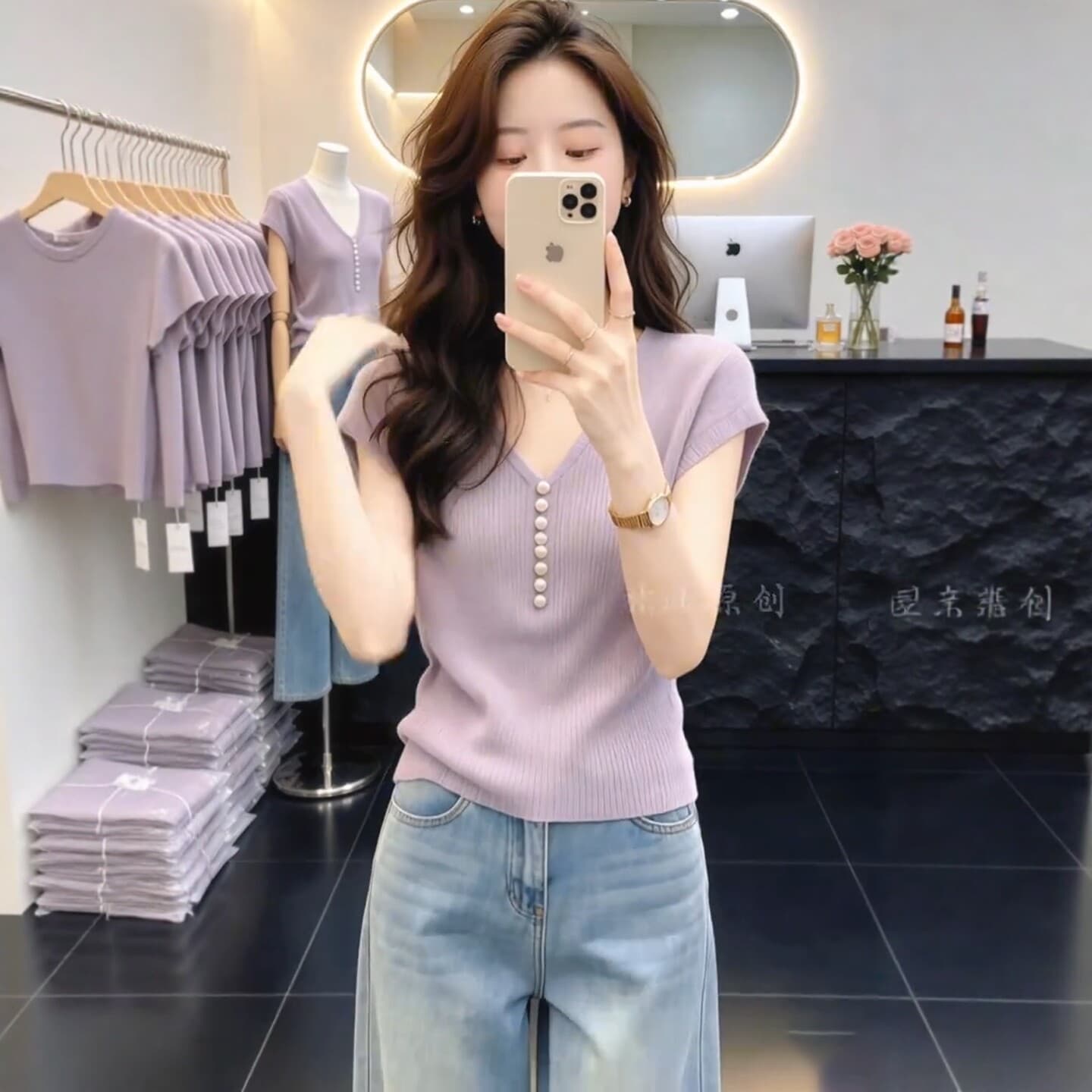 보라색 V넥 긍정적 인 어깨 작은 날다 소매 티셔츠 여성 여름 빅 사이즈 지방 mm 몸매 가꾸기 슬림해 보이는 품격 반팔 니트 스웨터 맨위 상세 이미지 3
