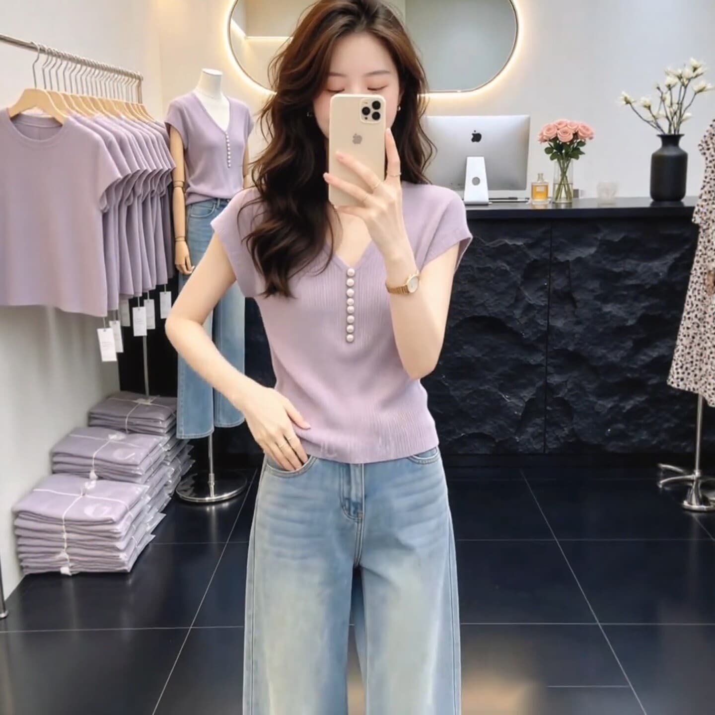 보라색 V넥 긍정적 인 어깨 작은 날다 소매 티셔츠 여성 여름 빅 사이즈 지방 mm 몸매 가꾸기 슬림해 보이는 품격 반팔 니트 스웨터 맨위 상세 이미지 4