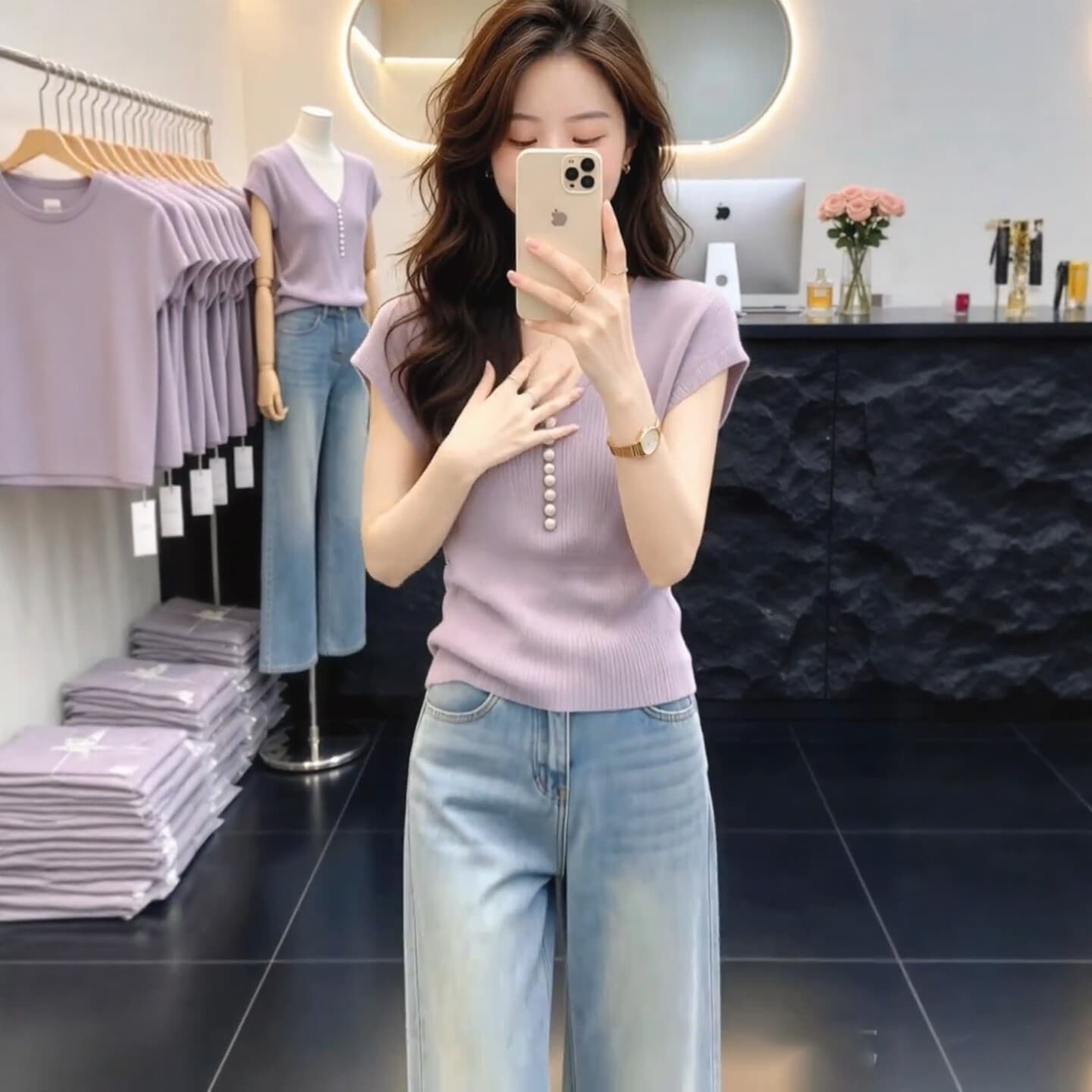 보라색 V넥 긍정적 인 어깨 작은 날다 소매 티셔츠 여성 여름 빅 사이즈 지방 mm 몸매 가꾸기 슬림해 보이는 품격 반팔 니트 스웨터 맨위 상세 이미지 5