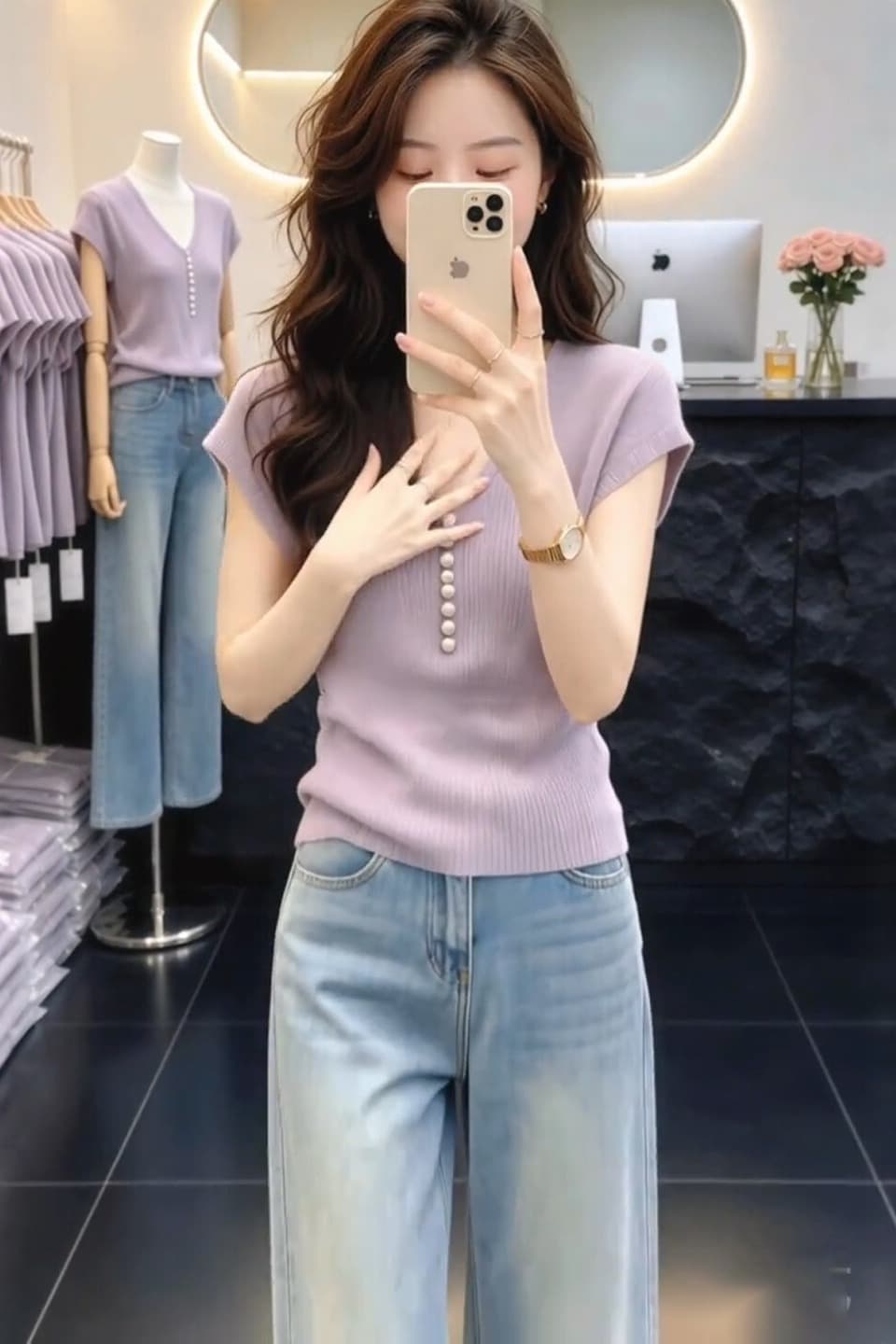 보라색 V넥 긍정적 인 어깨 작은 날다 소매 티셔츠 여성 여름 빅 사이즈 지방 mm 몸매 가꾸기 슬림해 보이는 품격 반팔 니트 스웨터 맨위 이미지 6
