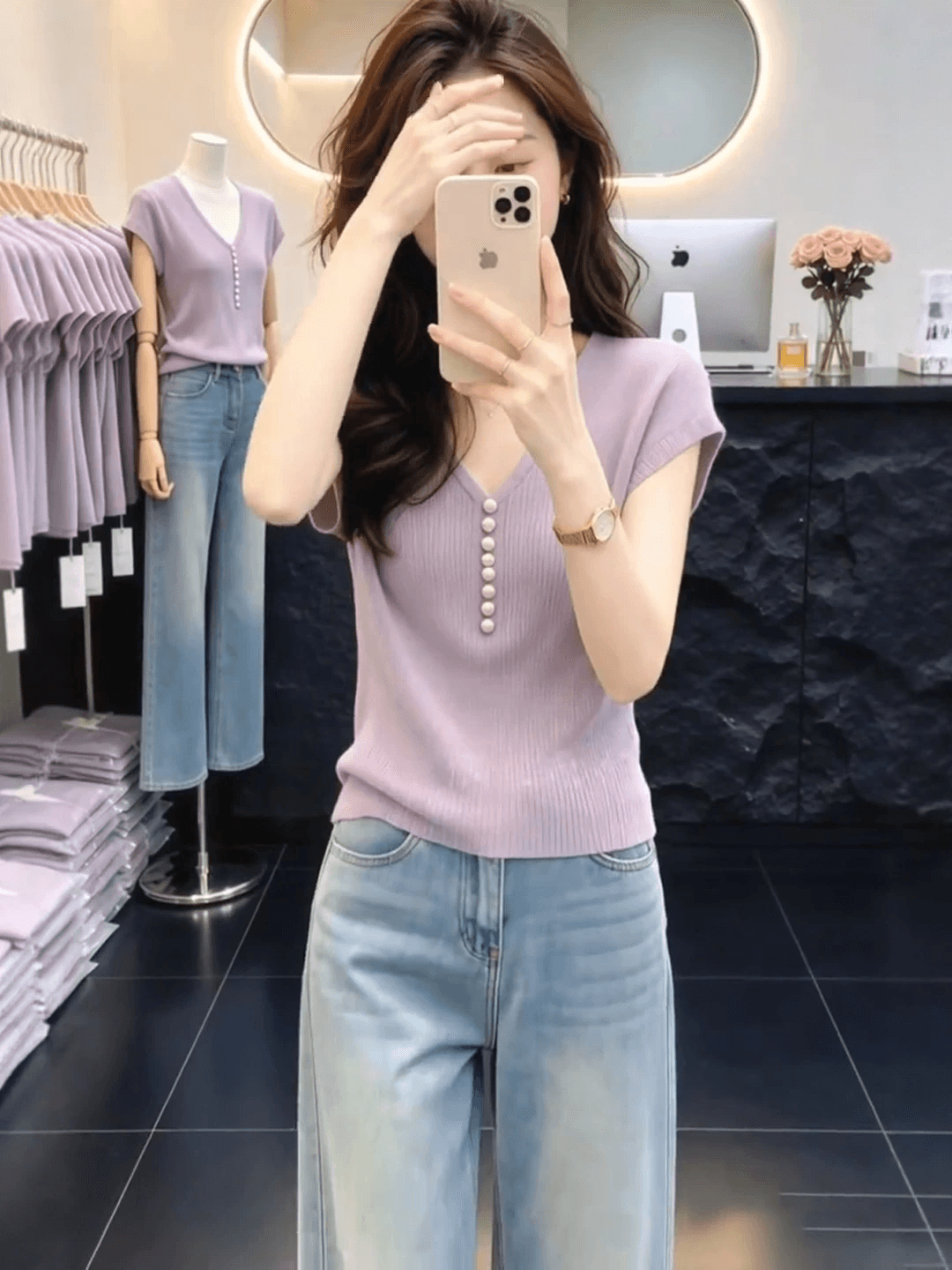 보라색 V넥 긍정적 인 어깨 작은 날다 소매 티셔츠 여성 여름 빅 사이즈 지방 mm 몸매 가꾸기 슬림해 보이는 품격 반팔 니트 스웨터 맨위 이미지 4