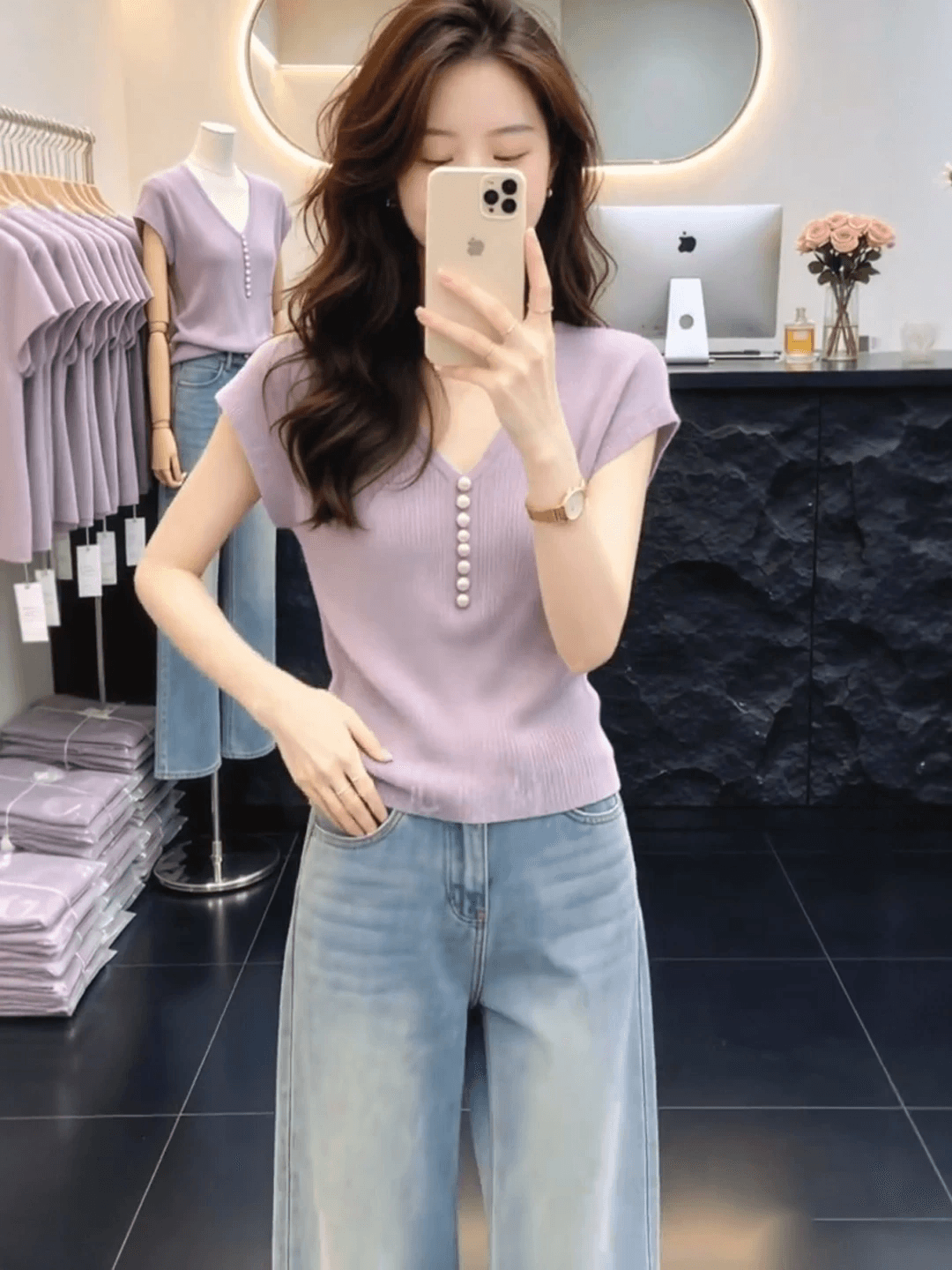 보라색 V넥 긍정적 인 어깨 작은 날다 소매 티셔츠 여성 여름 빅 사이즈 지방 mm 몸매 가꾸기 슬림해 보이는 품격 반팔 니트 스웨터 맨위 이미지 3