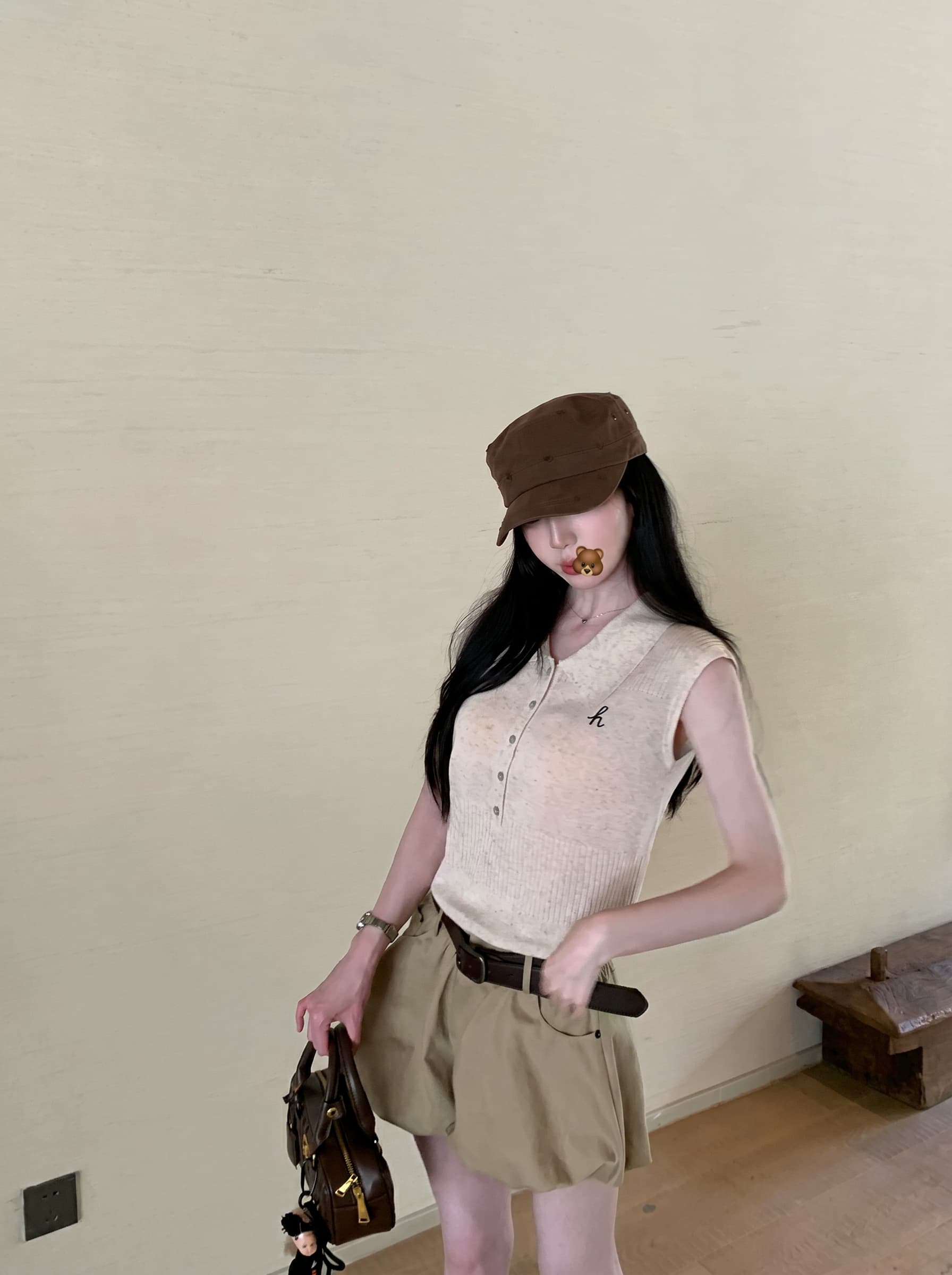 joeyjoy 와인 하나 한 부서 학원 스타일 폴로 칼라 자수 니트 스웨터 여성 여름 민소매 느슨함 센스 짧은 맨위 이미지 3