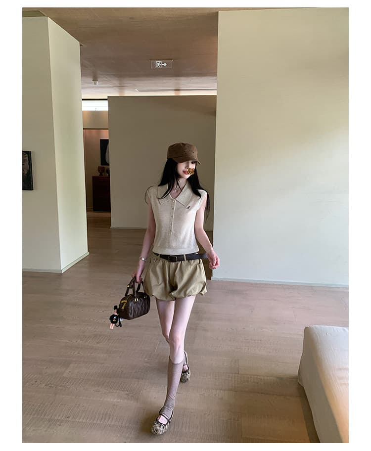 joeyjoy 와인 하나 한 부서 학원 스타일 폴로 칼라 자수 니트 스웨터 여성 여름 민소매 느슨함 센스 짧은 맨위 상세 이미지 7