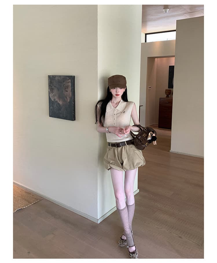joeyjoy 와인 하나 한 부서 학원 스타일 폴로 칼라 자수 니트 스웨터 여성 여름 민소매 느슨함 센스 짧은 맨위 상세 이미지 10