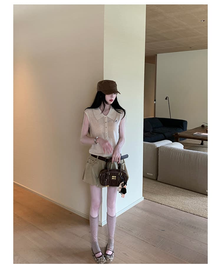joeyjoy 와인 하나 한 부서 학원 스타일 폴로 칼라 자수 니트 스웨터 여성 여름 민소매 느슨함 센스 짧은 맨위 상세 이미지 11