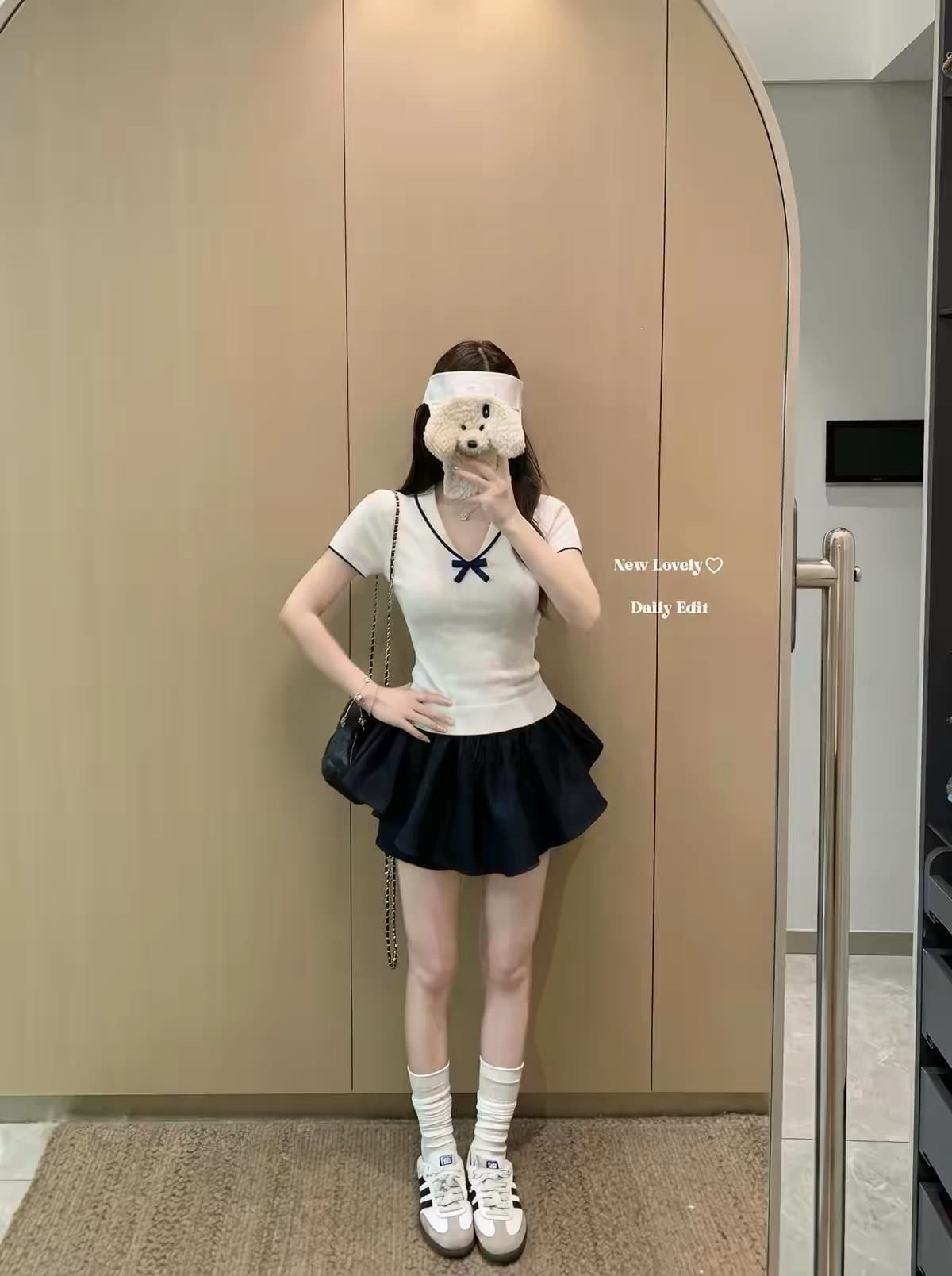 학원 스타일 배색 V넥 반팔 니트 티셔츠 여성 여름 나비 매듭 몸매 가꾸기 살구 색상 양모 달콤함 순수한 욕망 맨위 상세 이미지 5