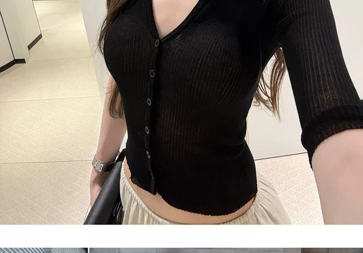 오래된 돈 바람 빛 사람들 V넥 얼음 실크 반팔 니트 오픈 가디건 여성 여름 슬림해 보이는 몸매 가꾸기 Chic 핫걸 반소매 맨위 상세 이미지 26