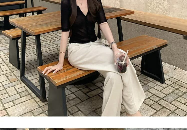 오래된 돈 바람 빛 사람들 V넥 얼음 실크 반팔 니트 오픈 가디건 여성 여름 슬림해 보이는 몸매 가꾸기 Chic 핫걸 반소매 맨위 상세 이미지 34