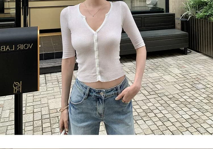오래된 돈 바람 빛 사람들 V넥 얼음 실크 반팔 니트 오픈 가디건 여성 여름 슬림해 보이는 몸매 가꾸기 Chic 핫걸 반소매 맨위 상세 이미지 42