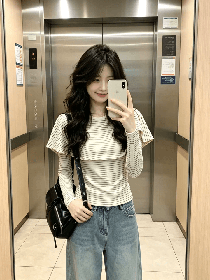 한 부서 품격 망토 페이크 레이어드 스트라이프 긴팔 티셔츠 여성 가을 새로운 chic Chic 고유 한 아름다운 맨위