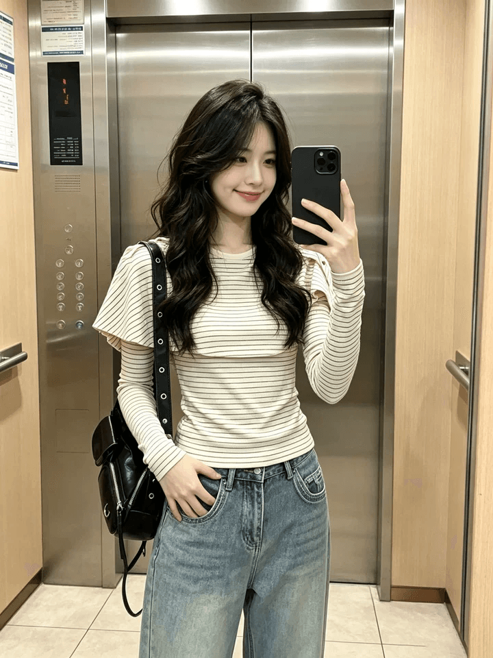 한 부서 품격 망토 페이크 레이어드 스트라이프 긴팔 티셔츠 여성 가을 새로운 chic Chic 고유 한 아름다운 맨위 이미지 4