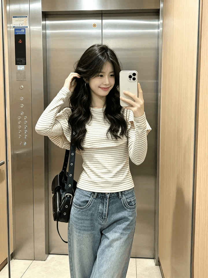 한 부서 품격 망토 페이크 레이어드 스트라이프 긴팔 티셔츠 여성 가을 새로운 chic Chic 고유 한 아름다운 맨위 상세 이미지 4