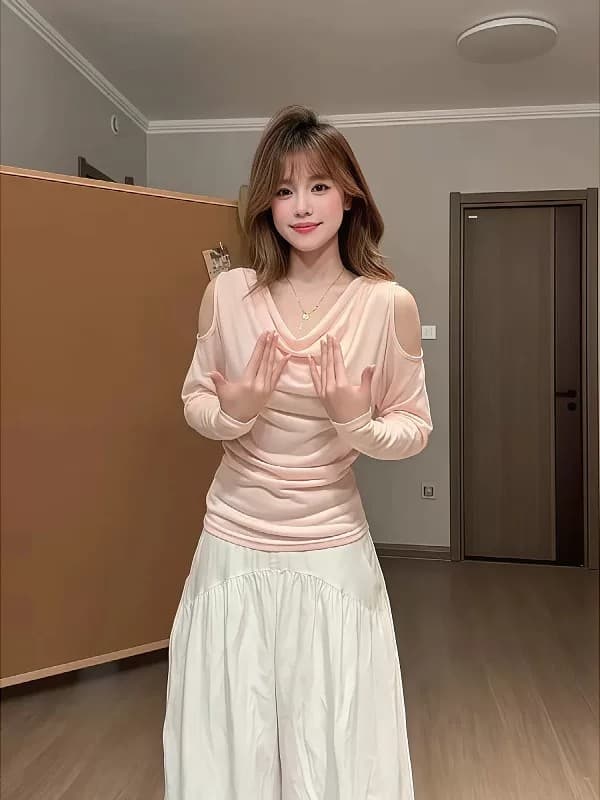디스플레이 화이트 부드러운 안개 센스 얕은 분말 품격 흔들다 칼라 오프숄더 긴팔 자외선 차단 블라우스 여성 여름 얇고 가벼운 통기성 티셔츠 맨위 상세 이미지 6