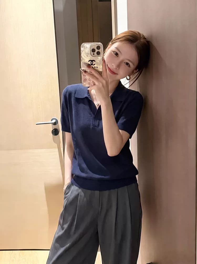 한 부서 오래된 돈 바람 POLO 칼라 얼음 실크 니트 티셔츠 여성 여름 새로운 루즈핏 반팔 동정 폴로 칼라 긍정적 인 어깨 의류 이미지 2