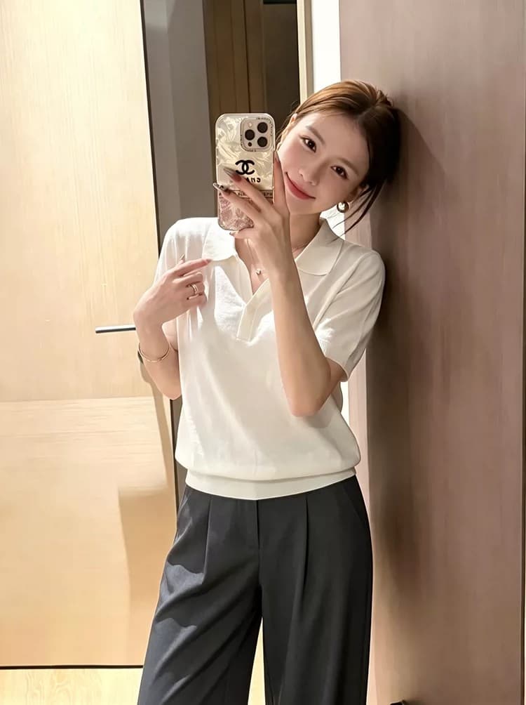 한 부서 오래된 돈 바람 POLO 칼라 얼음 실크 니트 티셔츠 여성 여름 새로운 루즈핏 반팔 동정 폴로 칼라 긍정적 인 어깨 의류 이미지 3