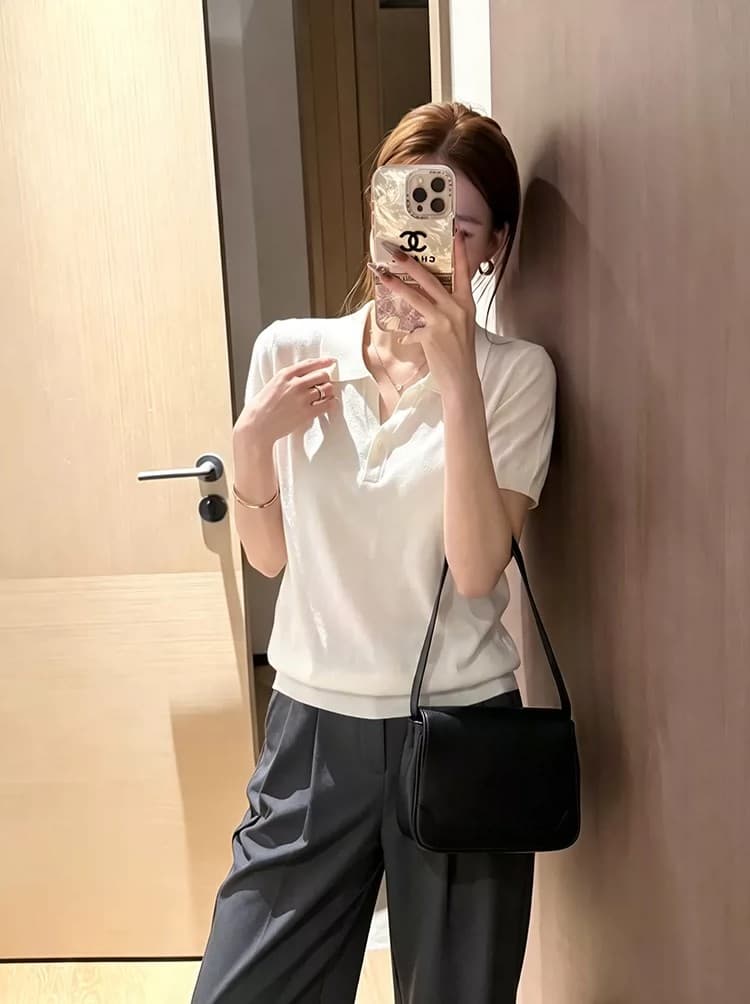 한 부서 오래된 돈 바람 POLO 칼라 얼음 실크 니트 티셔츠 여성 여름 새로운 루즈핏 반팔 동정 폴로 칼라 긍정적 인 어깨 의류 이미지 4