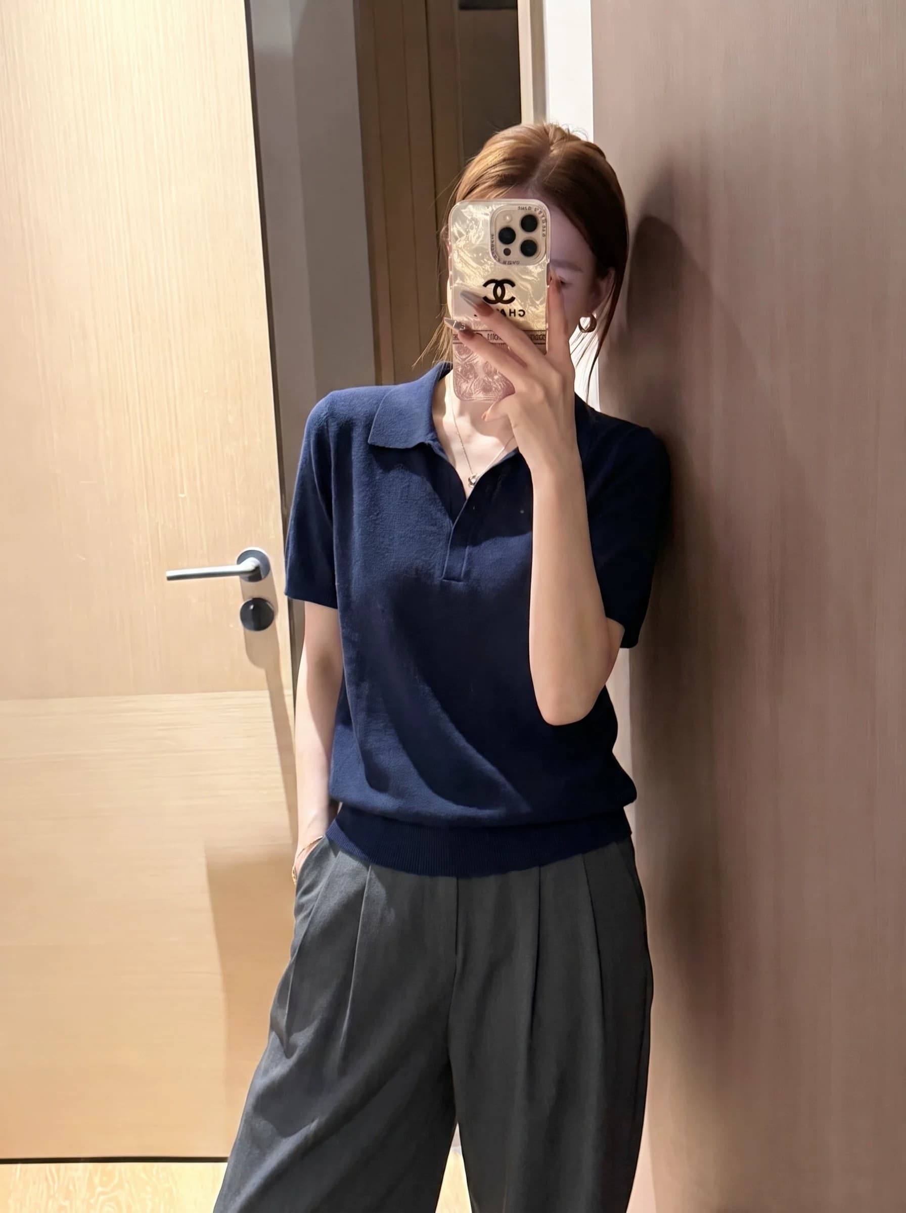 한 부서 오래된 돈 바람 POLO 칼라 얼음 실크 니트 티셔츠 여성 여름 새로운 루즈핏 반팔 동정 폴로 칼라 긍정적 인 어깨 의류 상세 이미지 1