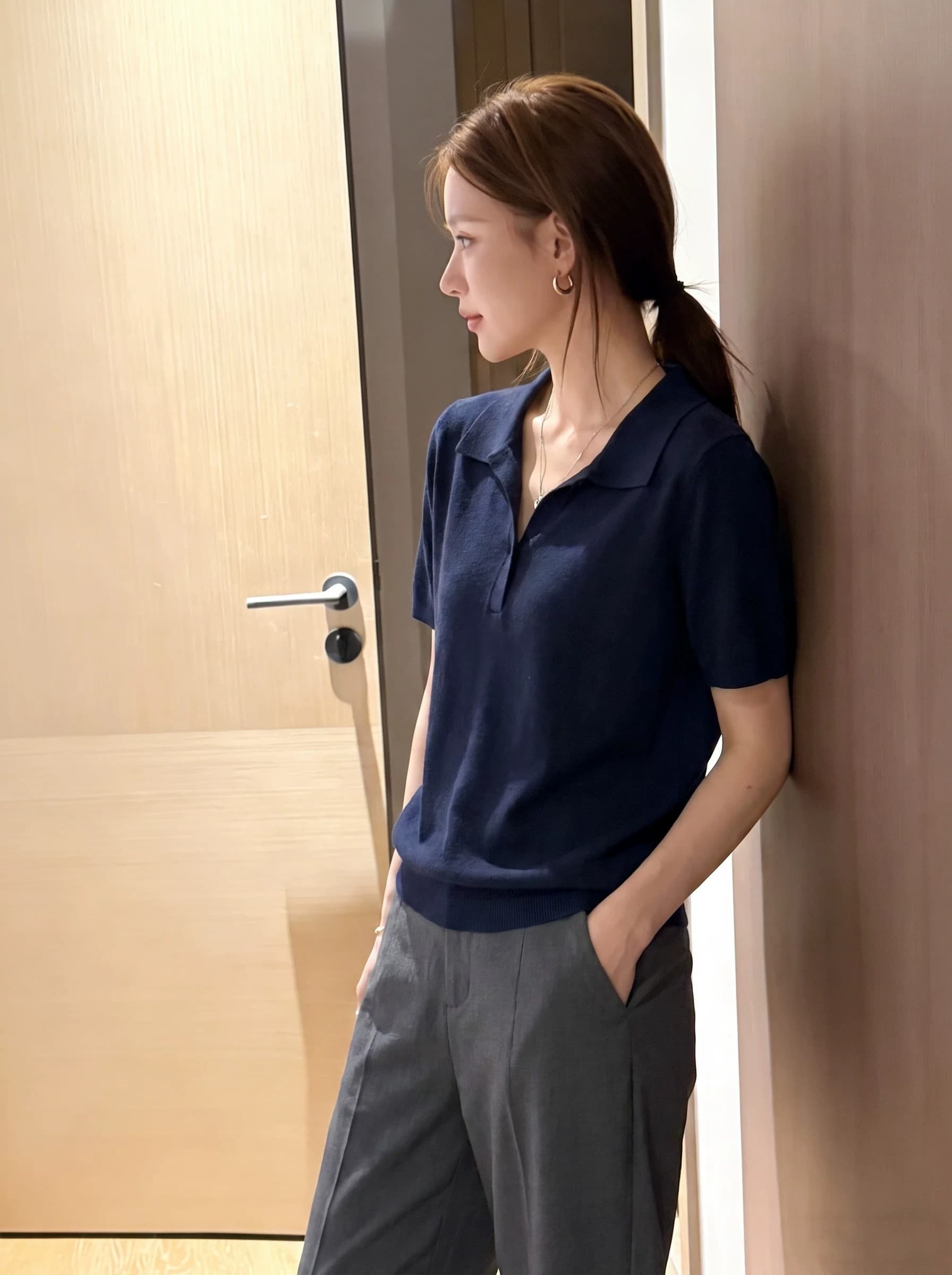 한 부서 오래된 돈 바람 POLO 칼라 얼음 실크 니트 티셔츠 여성 여름 새로운 루즈핏 반팔 동정 폴로 칼라 긍정적 인 어깨 의류 상세 이미지 3