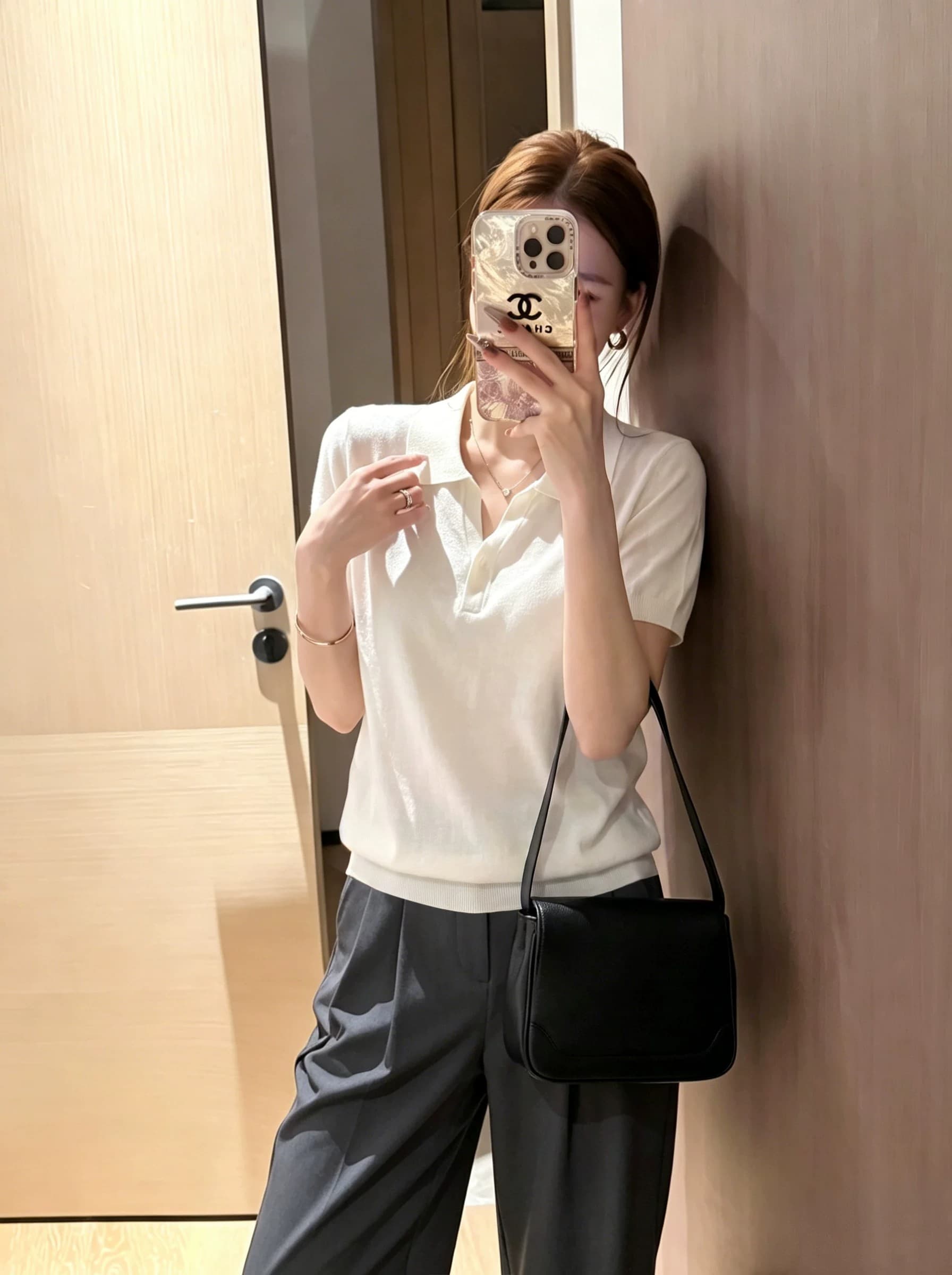 한 부서 오래된 돈 바람 POLO 칼라 얼음 실크 니트 티셔츠 여성 여름 새로운 루즈핏 반팔 동정 폴로 칼라 긍정적 인 어깨 의류 상세 이미지 5