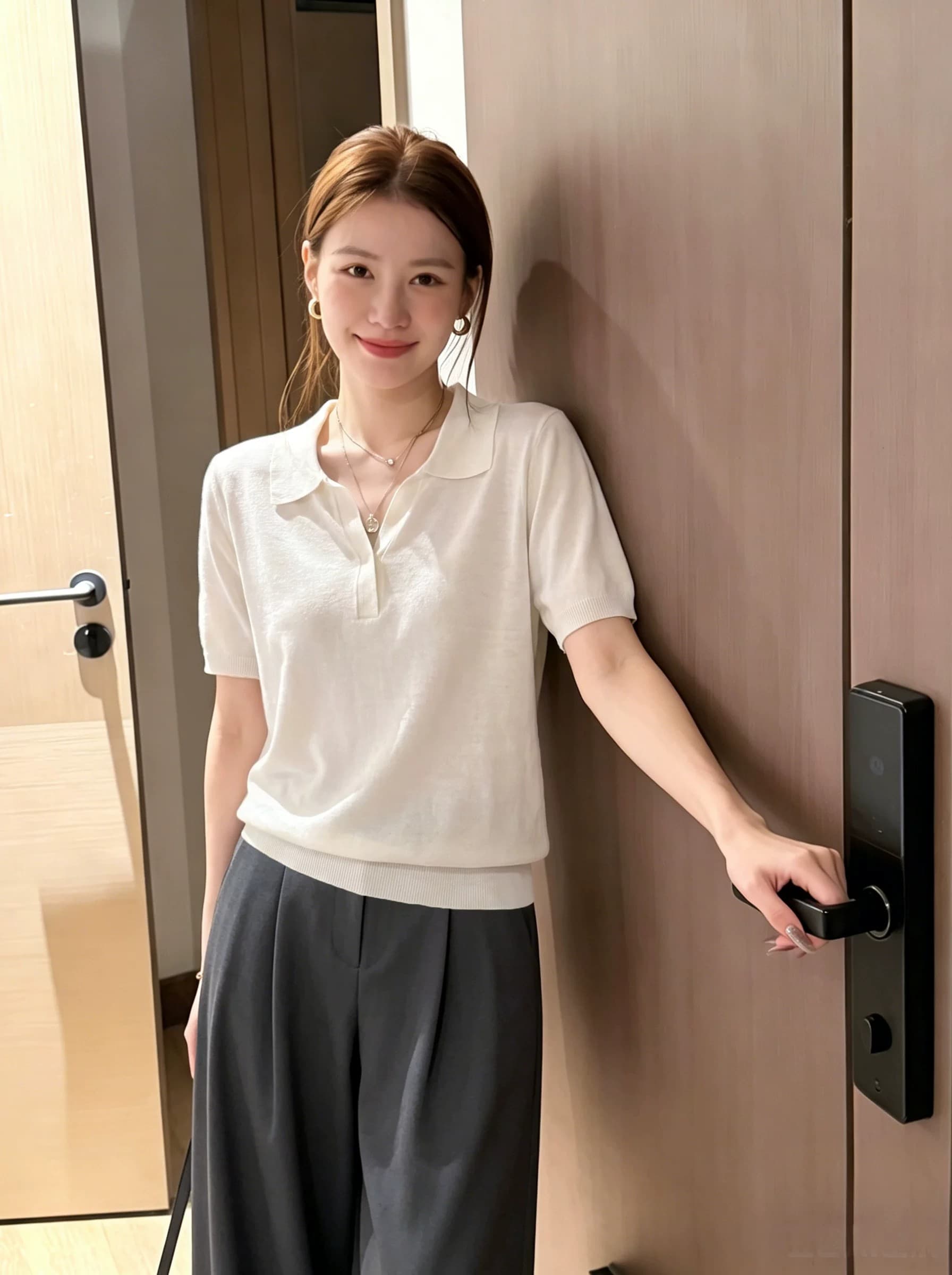 한 부서 오래된 돈 바람 POLO 칼라 얼음 실크 니트 티셔츠 여성 여름 새로운 루즈핏 반팔 동정 폴로 칼라 긍정적 인 어깨 의류 상세 이미지 7