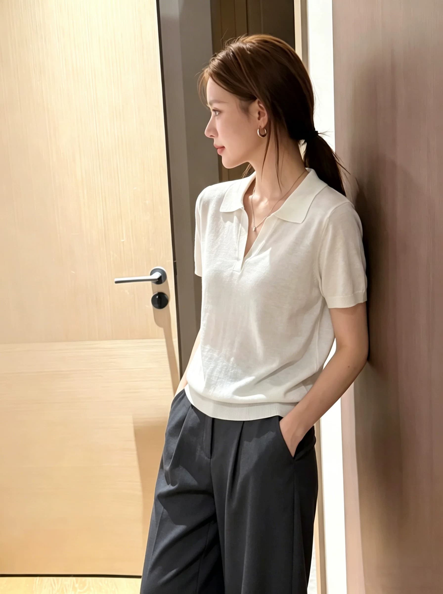 한 부서 오래된 돈 바람 POLO 칼라 얼음 실크 니트 티셔츠 여성 여름 새로운 루즈핏 반팔 동정 폴로 칼라 긍정적 인 어깨 의류 상세 이미지 8