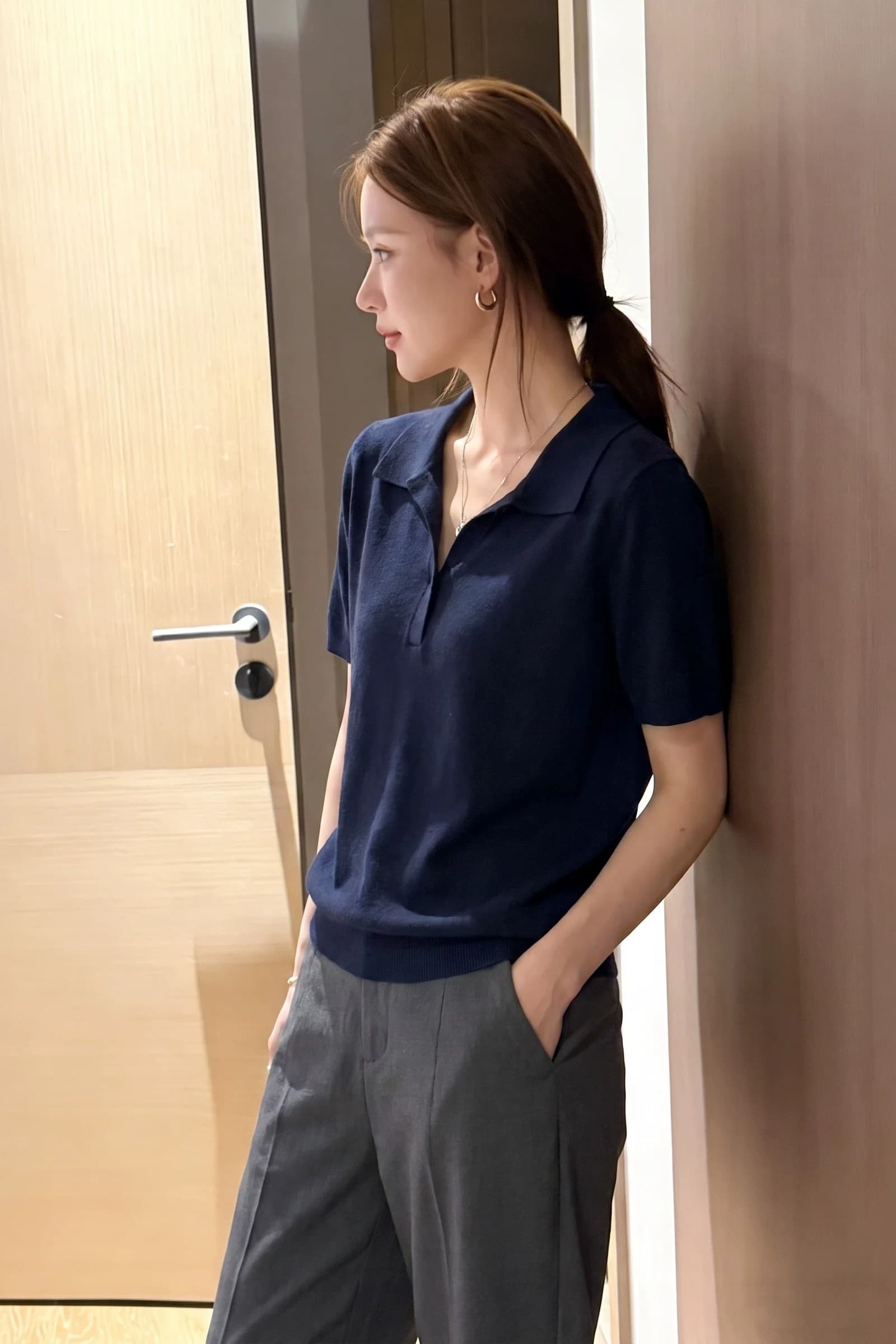 한 부서 오래된 돈 바람 POLO 칼라 얼음 실크 니트 티셔츠 여성 여름 새로운 루즈핏 반팔 동정 폴로 칼라 긍정적 인 어깨 의류 이미지 5