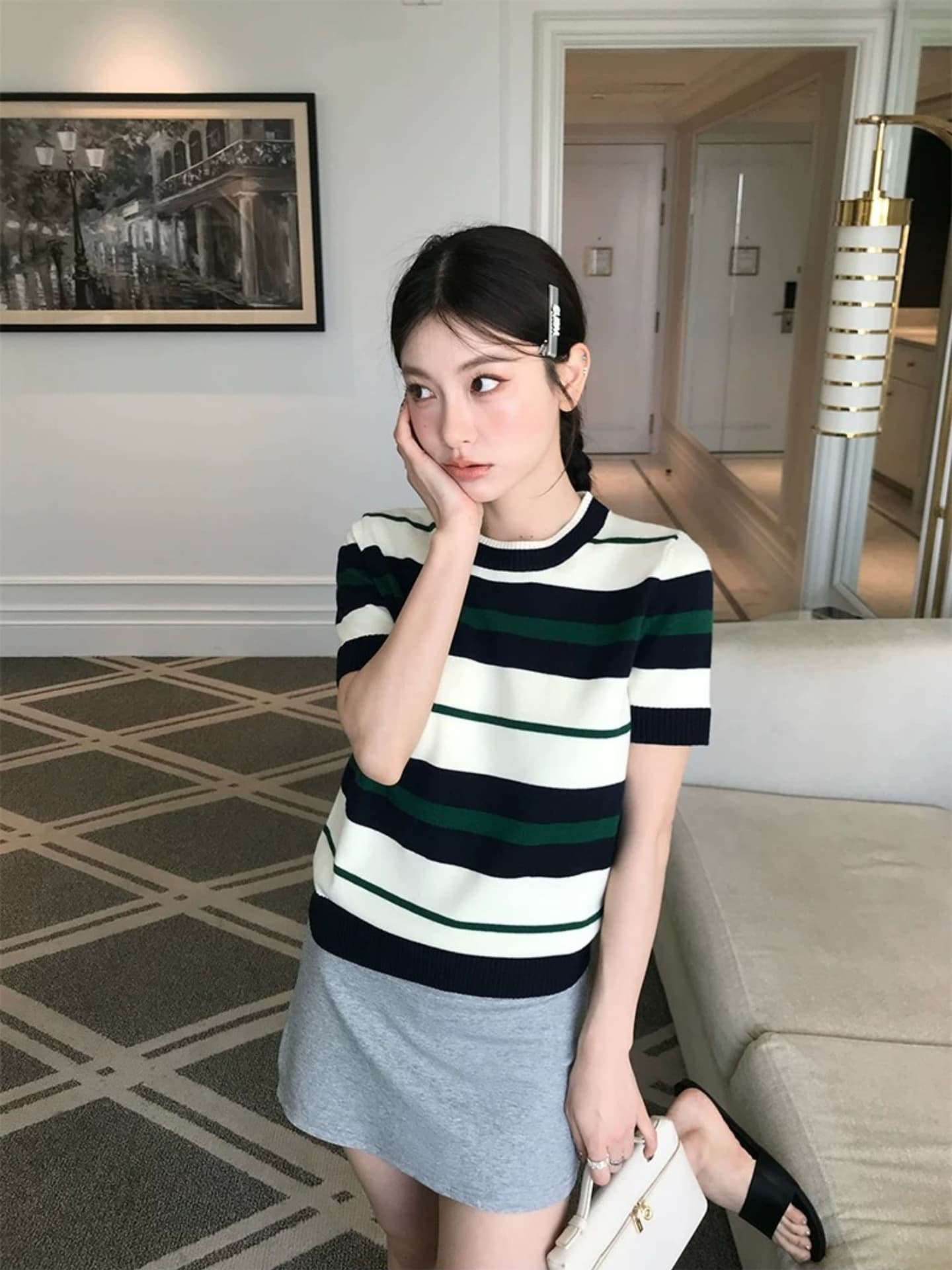 hamyiho miu 부서 착용 가져 가라. 스트라이프 맨위 니트 반팔 여성 가을 2026 새로운 디자인 센스 아름다운 티셔츠 이미지 3