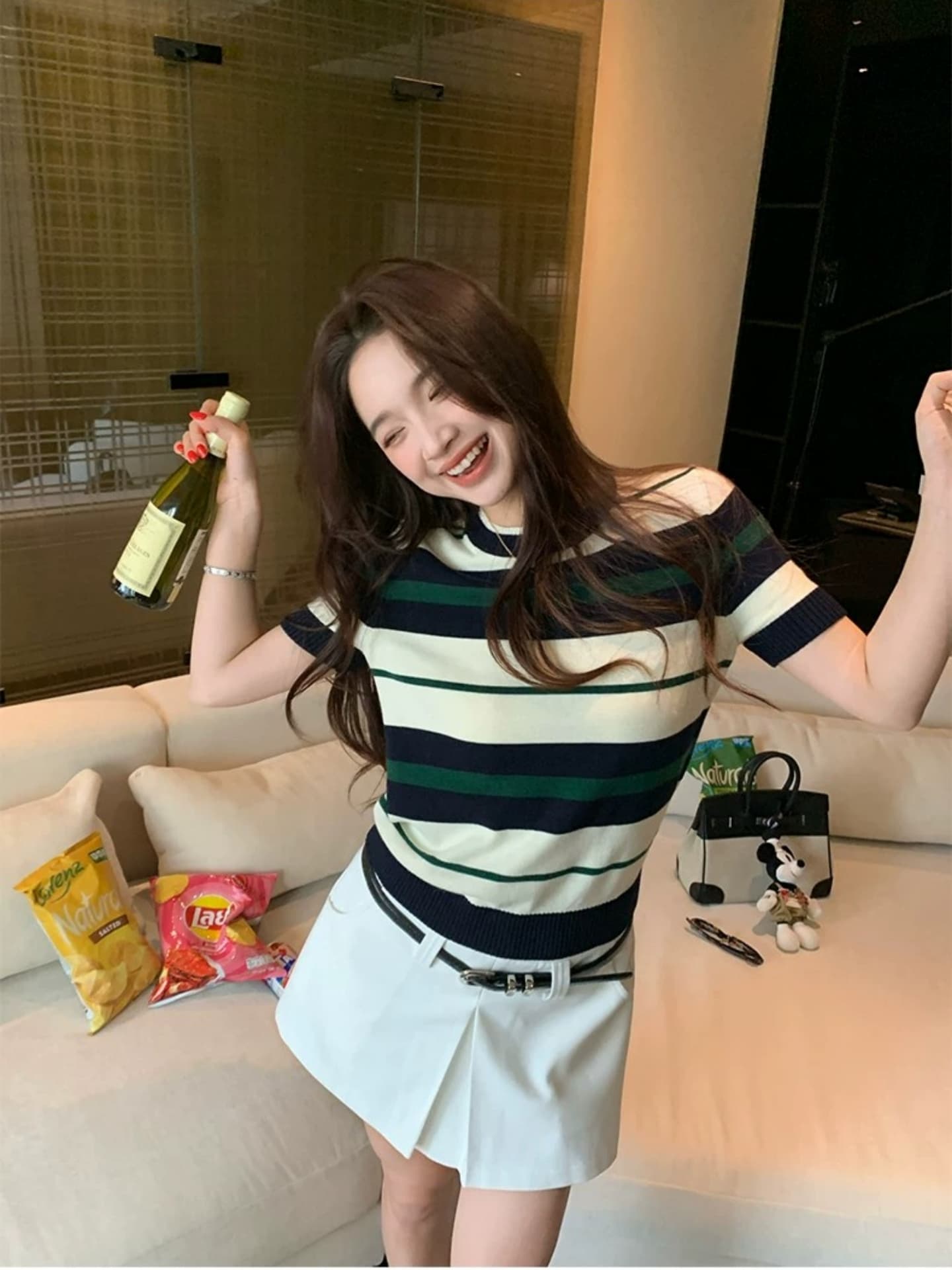 hamyiho miu 부서 착용 가져 가라. 스트라이프 맨위 니트 반팔 여성 가을 2026 새로운 디자인 센스 아름다운 티셔츠 이미지 4