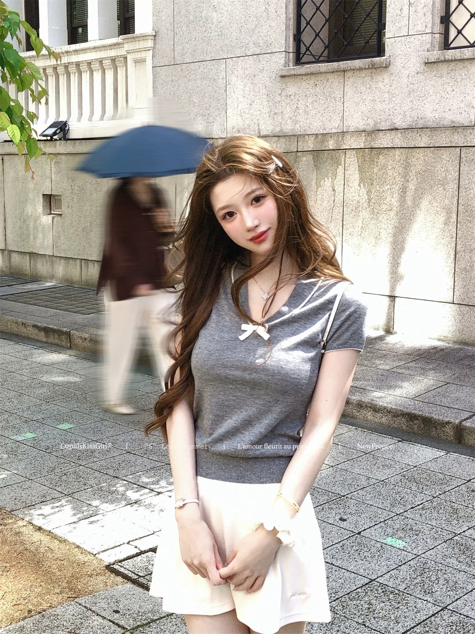 학원 스타일 배색 V넥 반팔 니트 티셔츠 여성 여름 나비 매듭 몸매 가꾸기 살구 색상 양모 달콤함 순수한 욕망 맨위 이미지 4