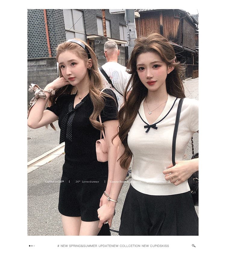 학원 스타일 배색 V넥 반팔 니트 티셔츠 여성 여름 나비 매듭 몸매 가꾸기 살구 색상 양모 달콤함 순수한 욕망 맨위 상세 이미지 1