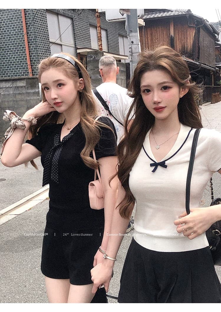 학원 스타일 배색 V넥 반팔 니트 티셔츠 여성 여름 나비 매듭 몸매 가꾸기 살구 색상 양모 달콤함 순수한 욕망 맨위 상세 이미지 8