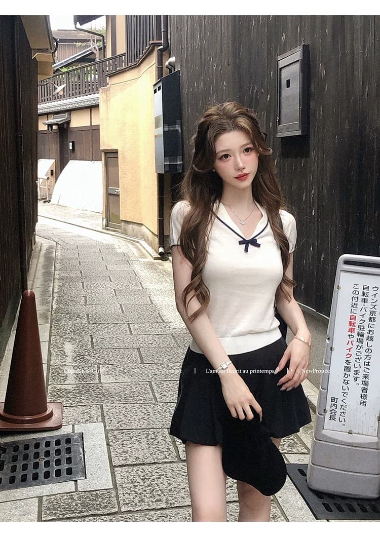 학원 스타일 배색 V넥 반팔 니트 티셔츠 여성 여름 나비 매듭 몸매 가꾸기 살구 색상 양모 달콤함 순수한 욕망 맨위 상세 이미지 9