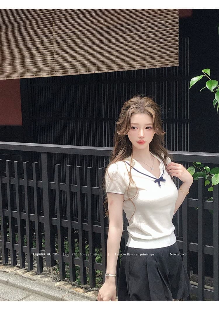학원 스타일 배색 V넥 반팔 니트 티셔츠 여성 여름 나비 매듭 몸매 가꾸기 살구 색상 양모 달콤함 순수한 욕망 맨위 상세 이미지 12