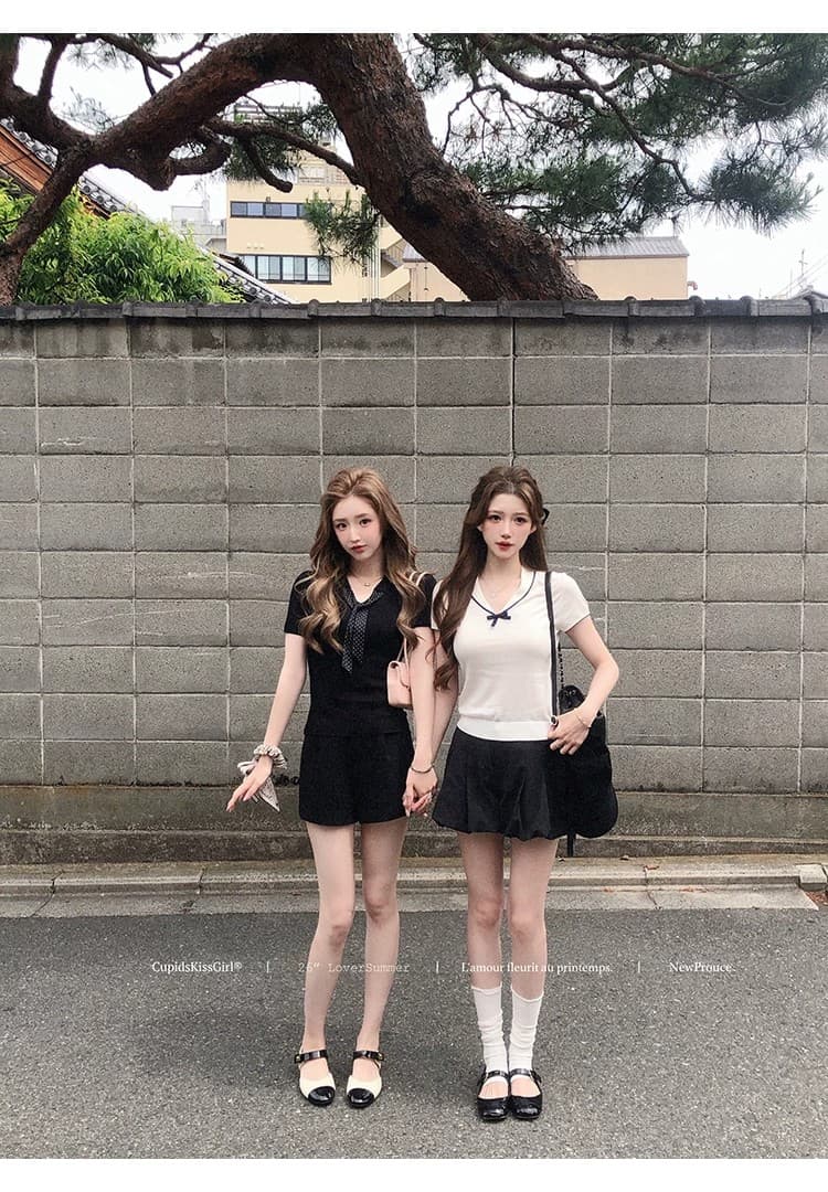 학원 스타일 배색 V넥 반팔 니트 티셔츠 여성 여름 나비 매듭 몸매 가꾸기 살구 색상 양모 달콤함 순수한 욕망 맨위 상세 이미지 14