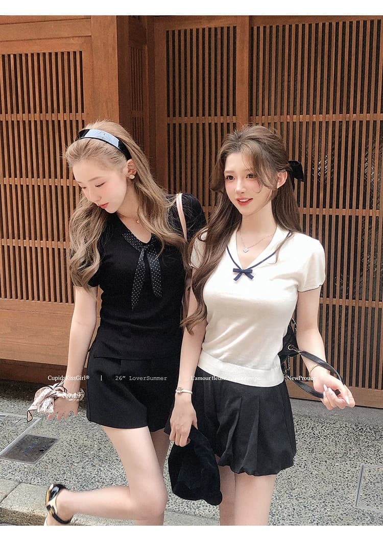 학원 스타일 배색 V넥 반팔 니트 티셔츠 여성 여름 나비 매듭 몸매 가꾸기 살구 색상 양모 달콤함 순수한 욕망 맨위 상세 이미지 17